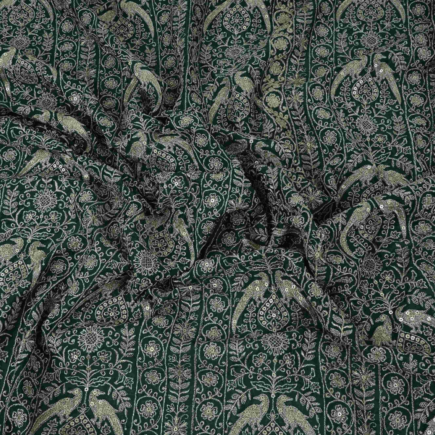 Bottle Green Heavy Zari Sequins Embroidery Chinon Fabric DR-32400