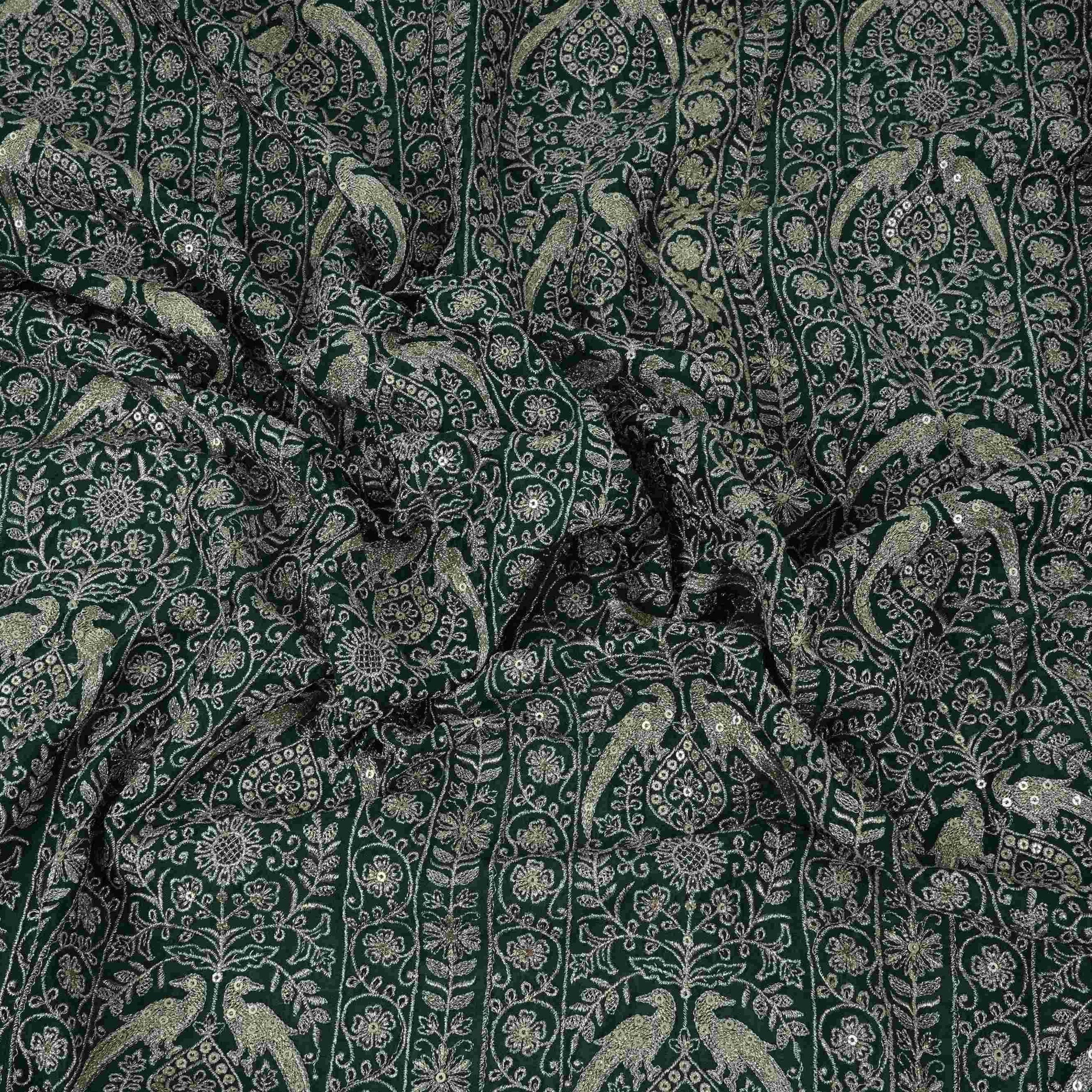Bottle Green Heavy Zari Sequins Embroidery Chinon Fabric DR-32400 - TradeUNO
