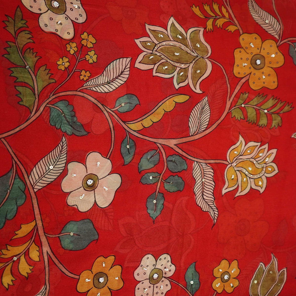 Red Floral Beads Work Chinnon Fabric VVF-35360