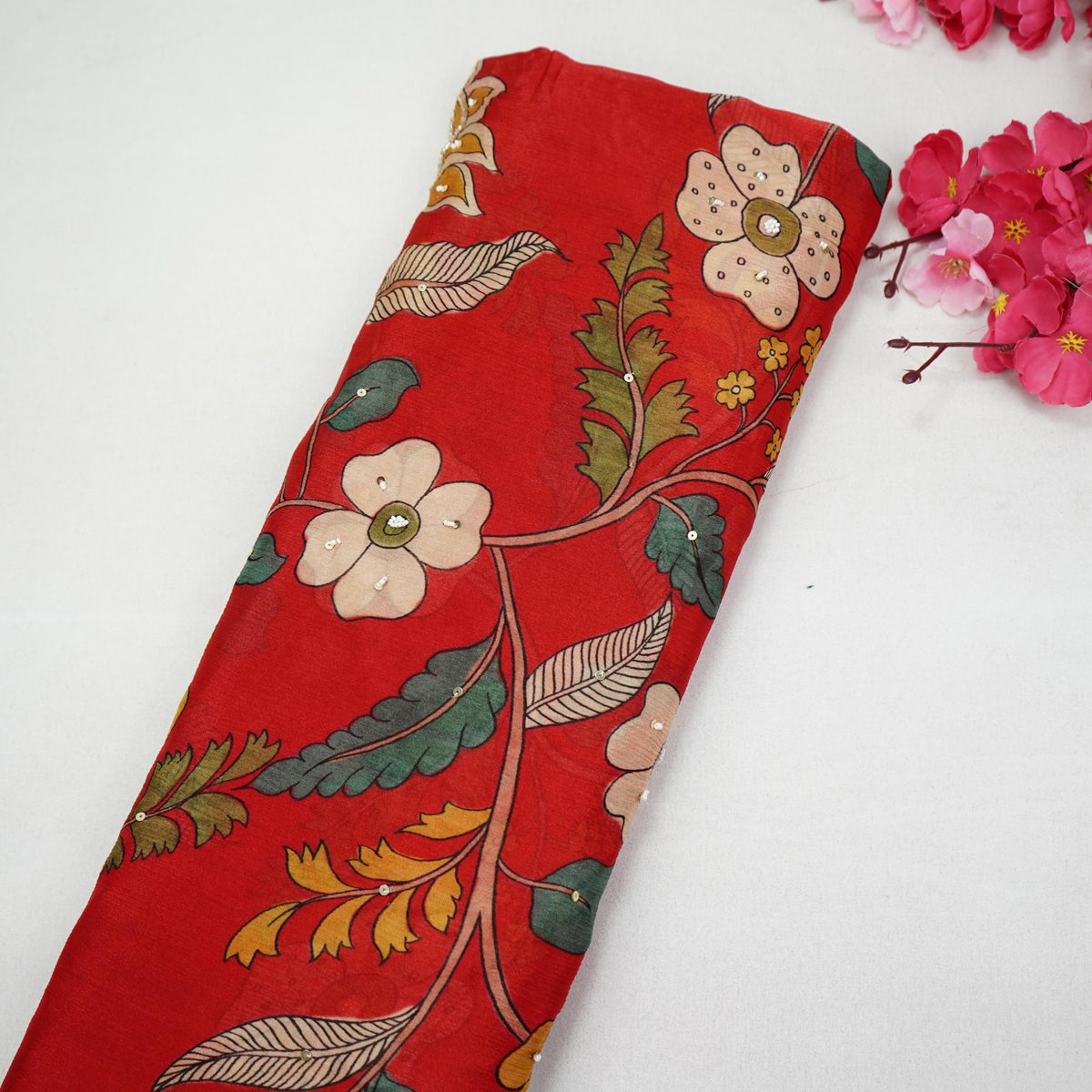 Red Floral Beads Work Chinnon Fabric VVF-35360