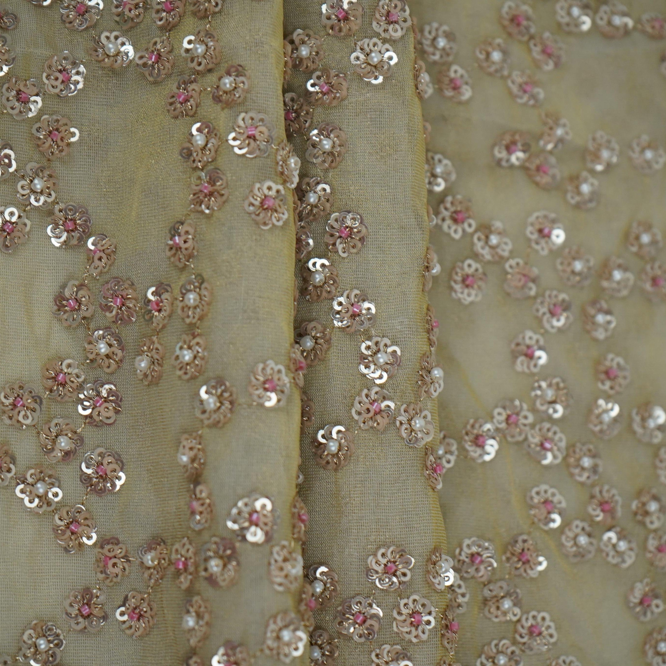Antique Gold with Rose Gold Sequins embroidery Kanjivaram Silk Fabric TF-32080 - TradeUNO