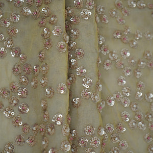 Antique Gold with Rose Gold Sequins embroidery Kanjivaram Silk Fabric TF-32080 - TradeUNO