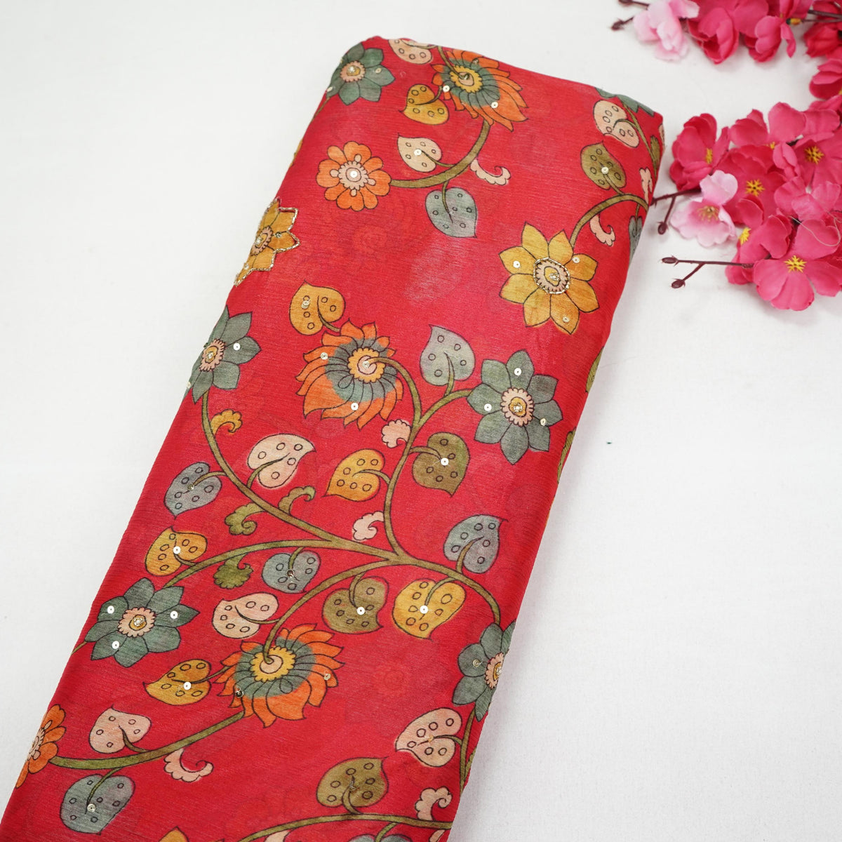 Pink Floral Beads Work Chinnon Fabric VVF-35359