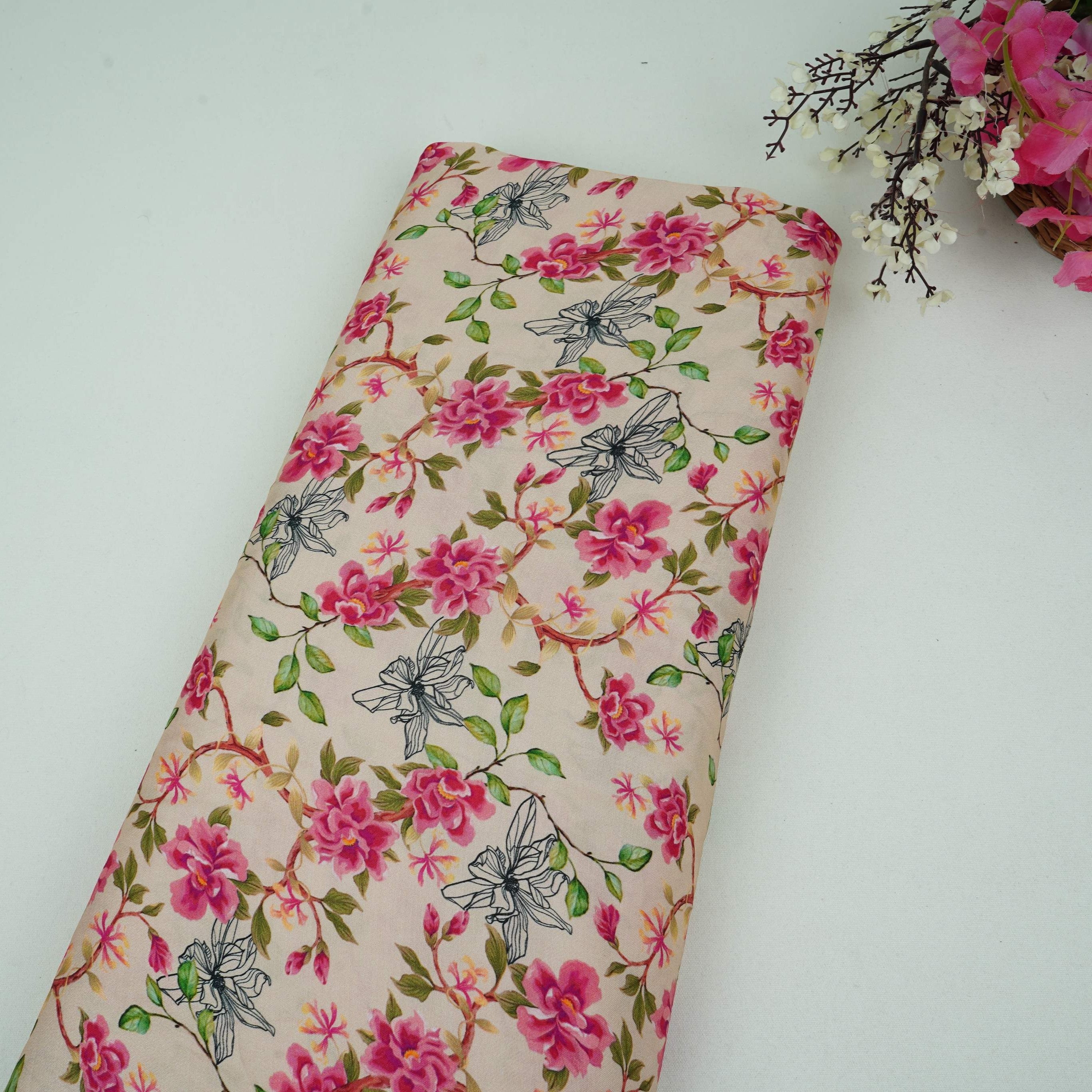 Cream with Pink floral print Modal Satin Fabric VP-31996