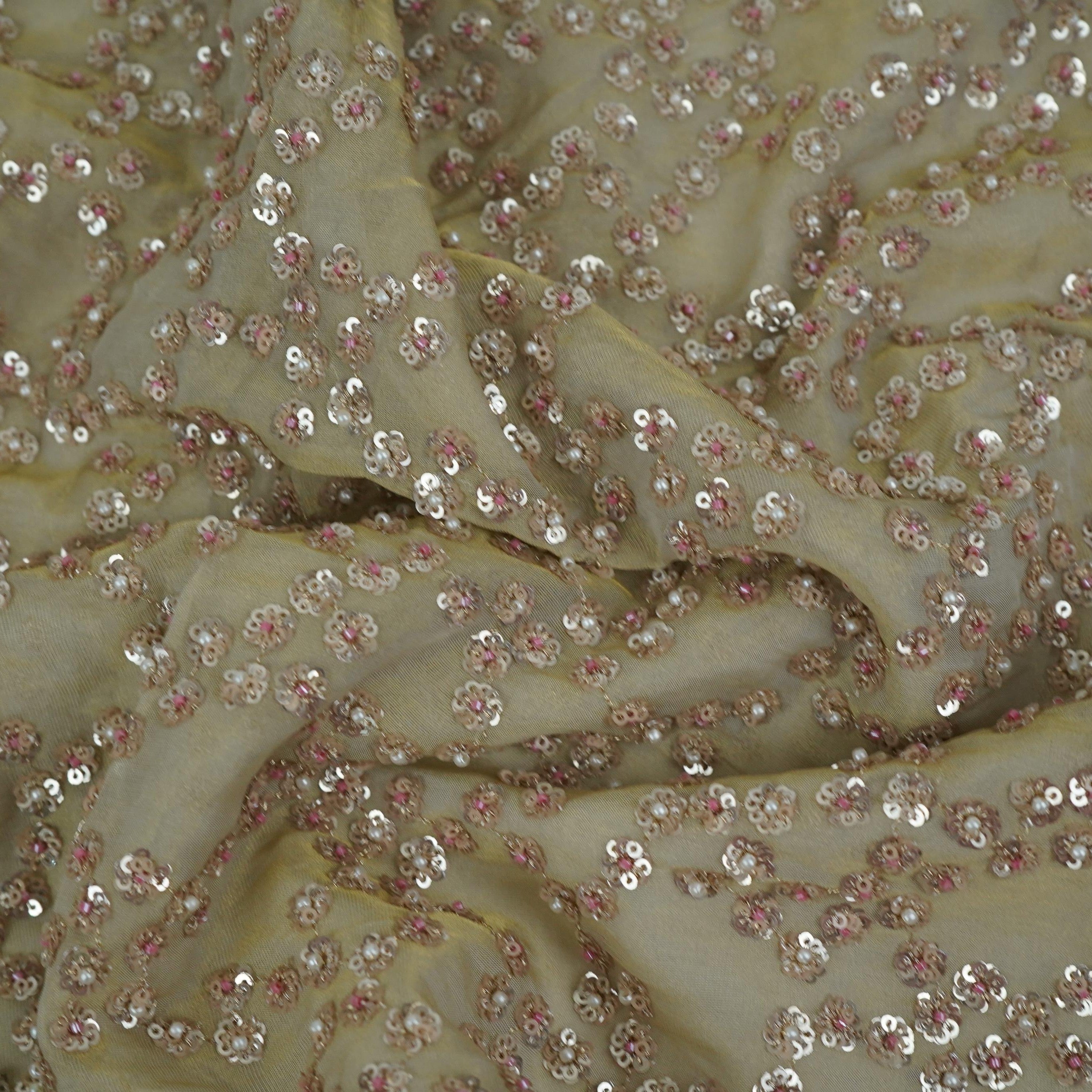 Antique Gold with Rose Gold Sequins embroidery Kanjivaram Silk Fabric TF-32080 - TradeUNO