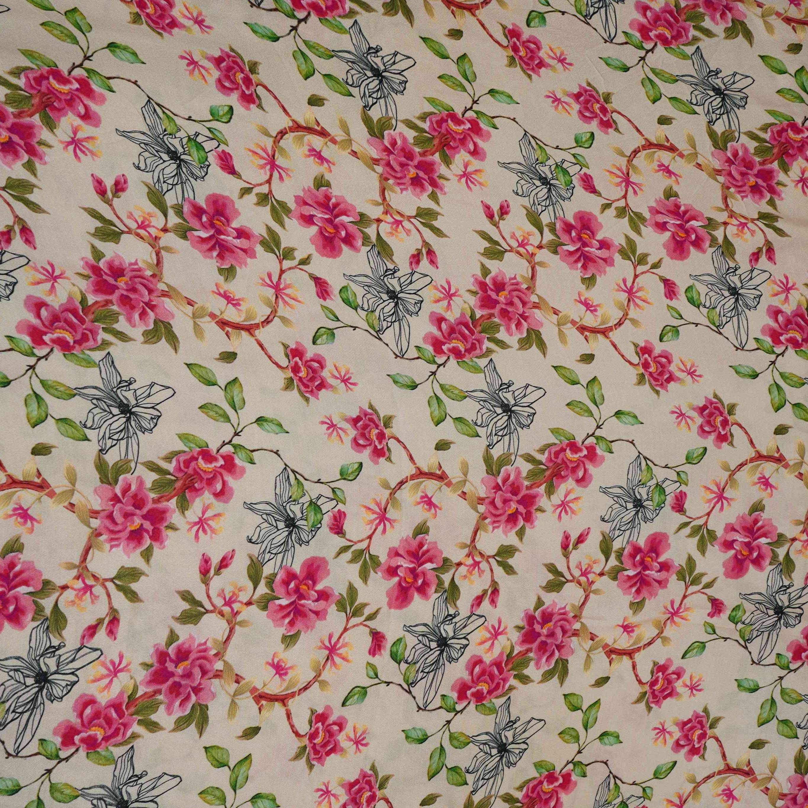 Cream with Pink floral print Modal Satin Fabric VP-31996