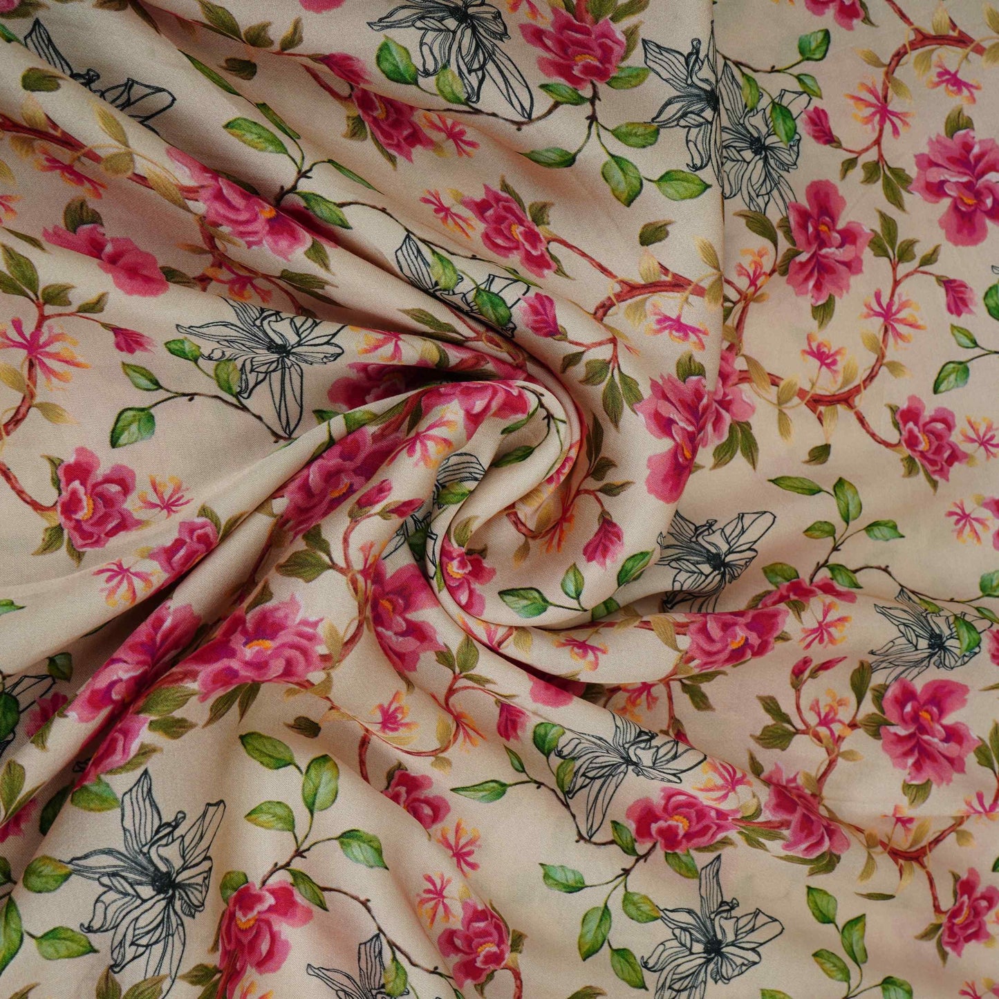 Cream with Pink floral print Modal Satin Fabric VP-31996