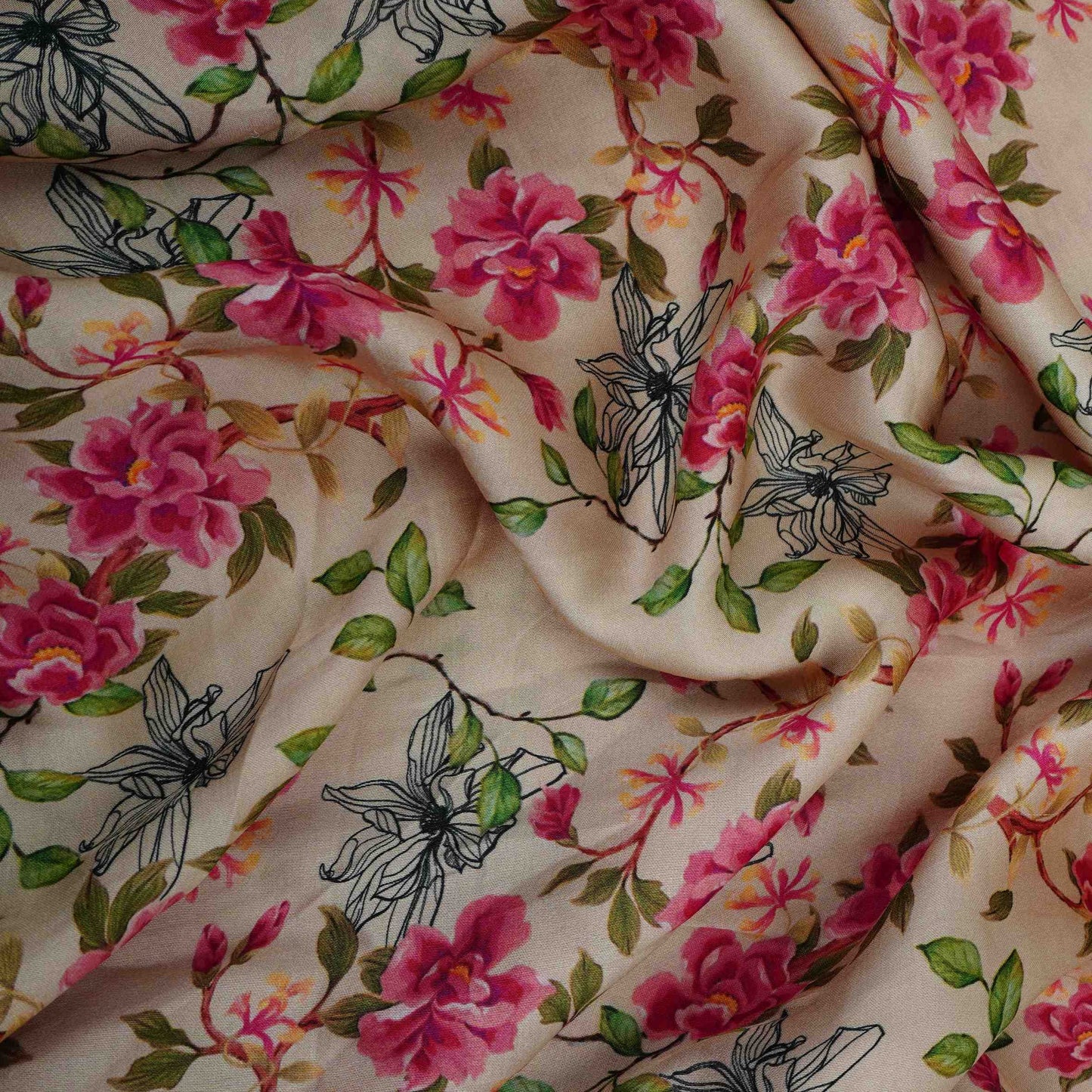 Cream with Pink floral print Modal Satin Fabric VP-31996