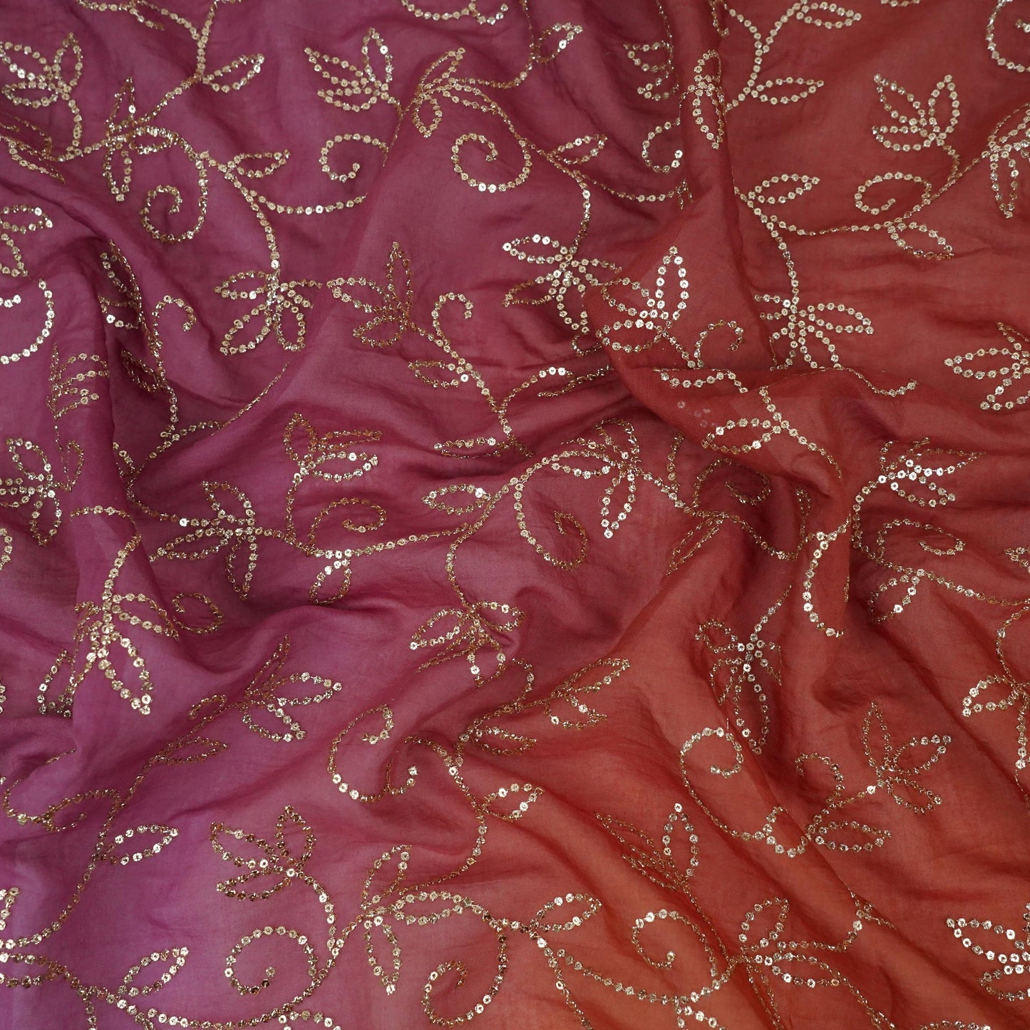 Rust Brown 4D Sequins embroidery Mul Chanderi Fabric VF-32076
