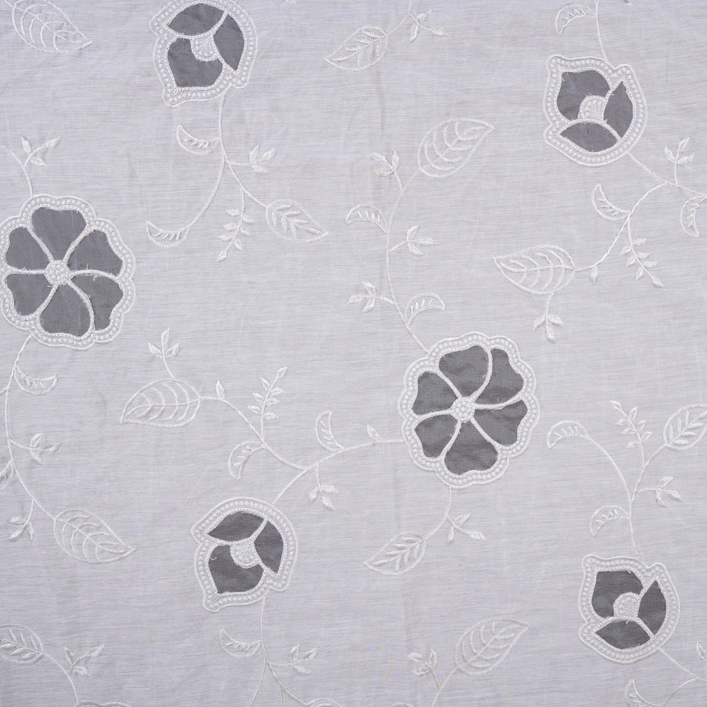 Light Grey Floral Embroidery Mul Chanderi Fabric DC-30518