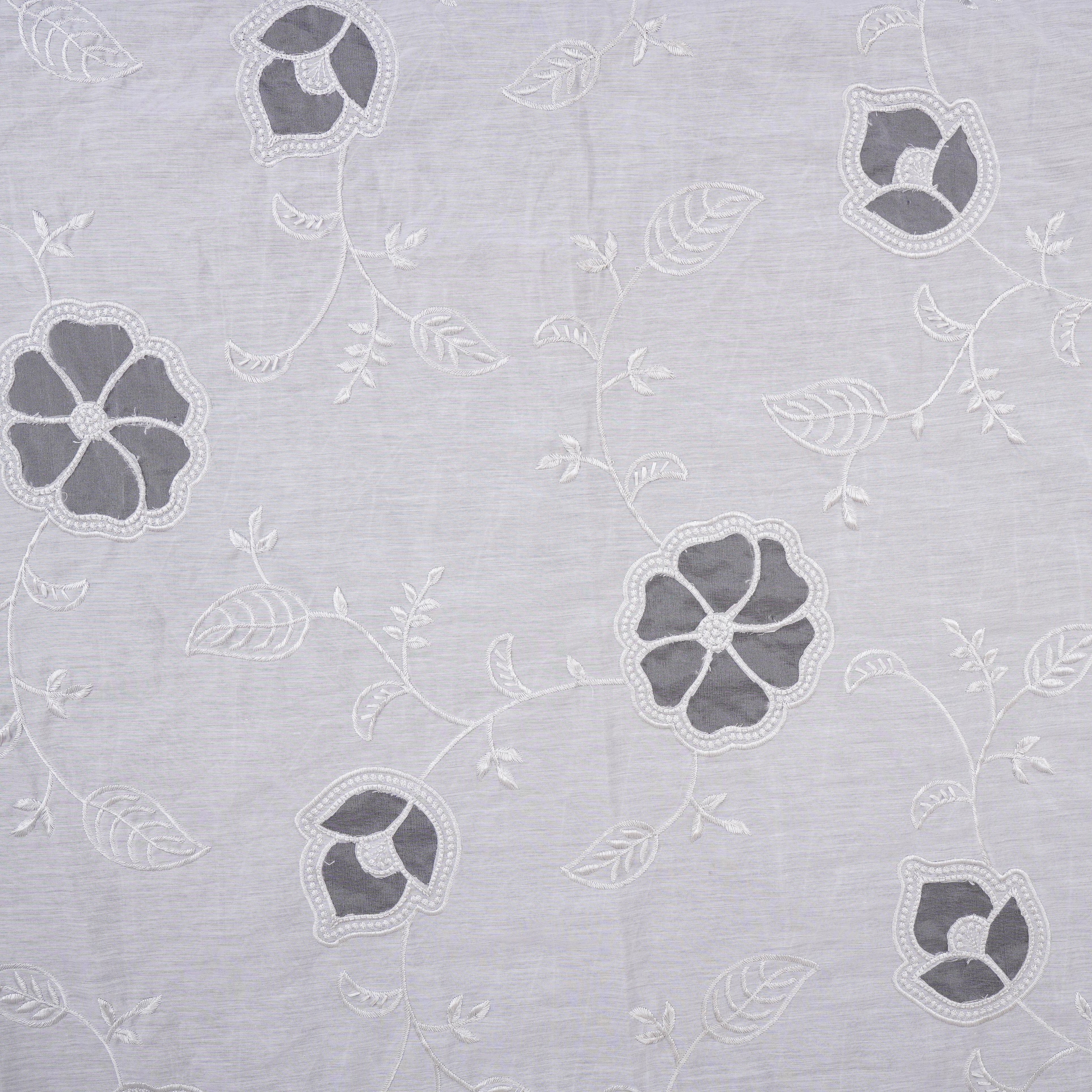 Light Grey Floral Embroidery Mul Chanderi Fabric DC-30518 - TradeUNO