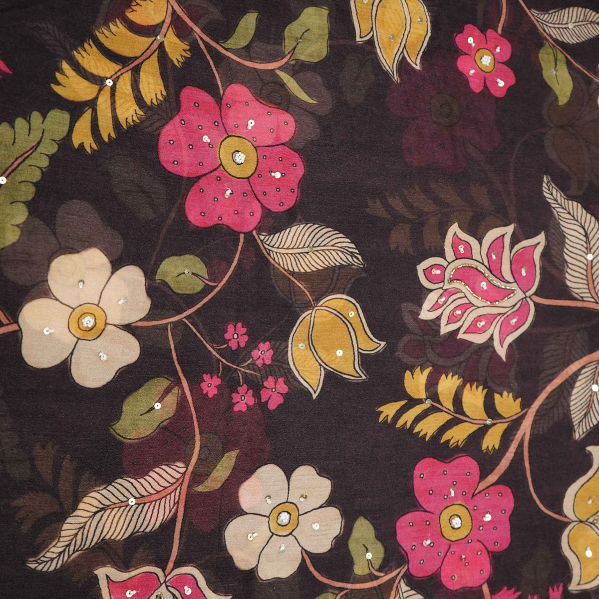 Black Floral Beads Work Chinnon Fabric VVF-35358