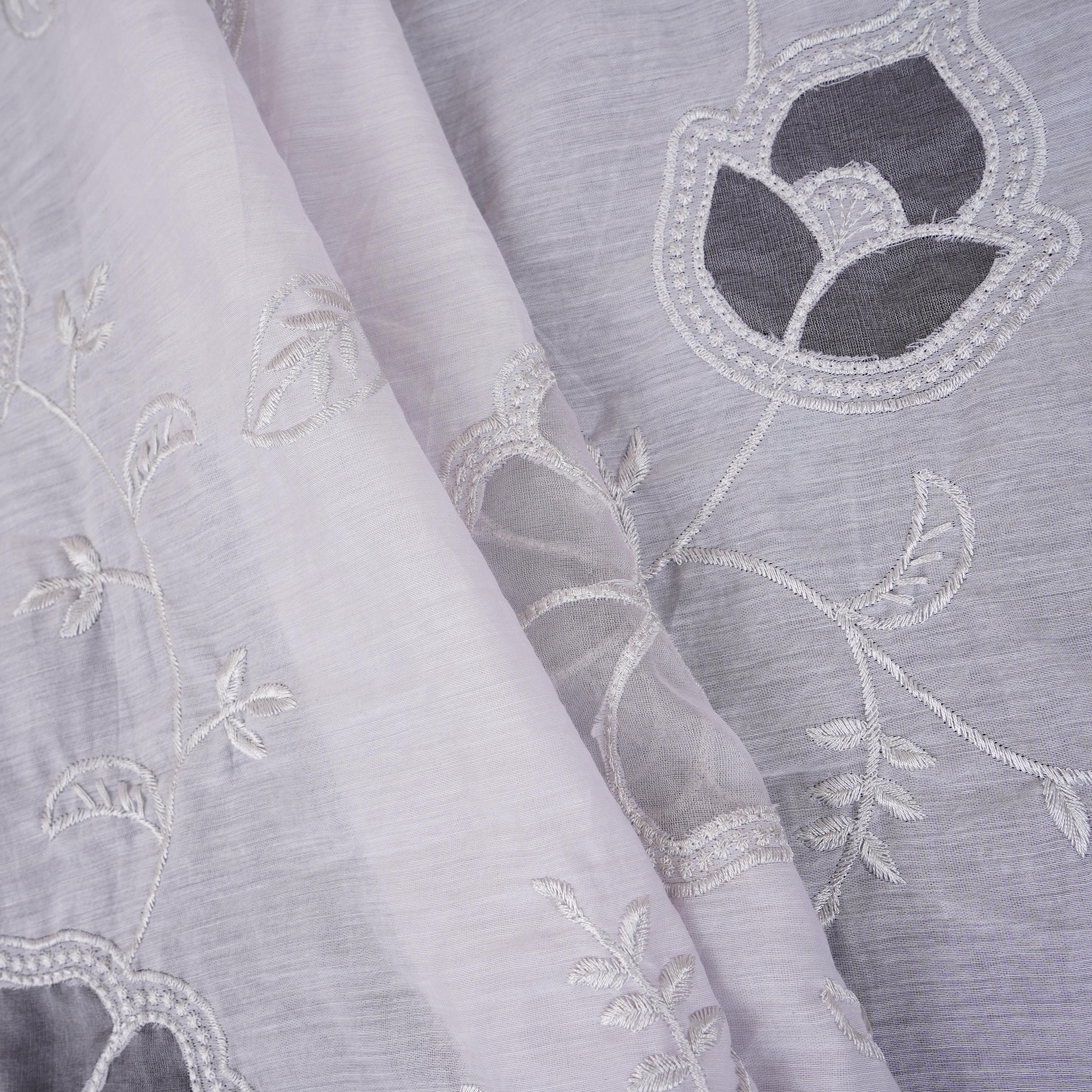 Light Grey Floral Embroidery Mul Chanderi Fabric DC-30518 - TradeUNO