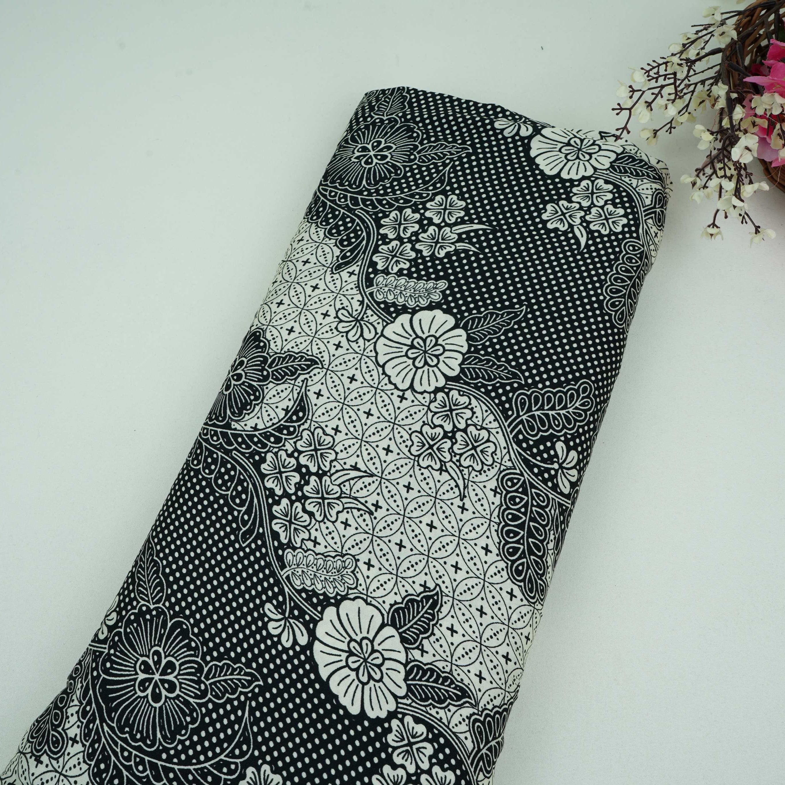 Black with White floral print Modal Satin Fabric VP-31994