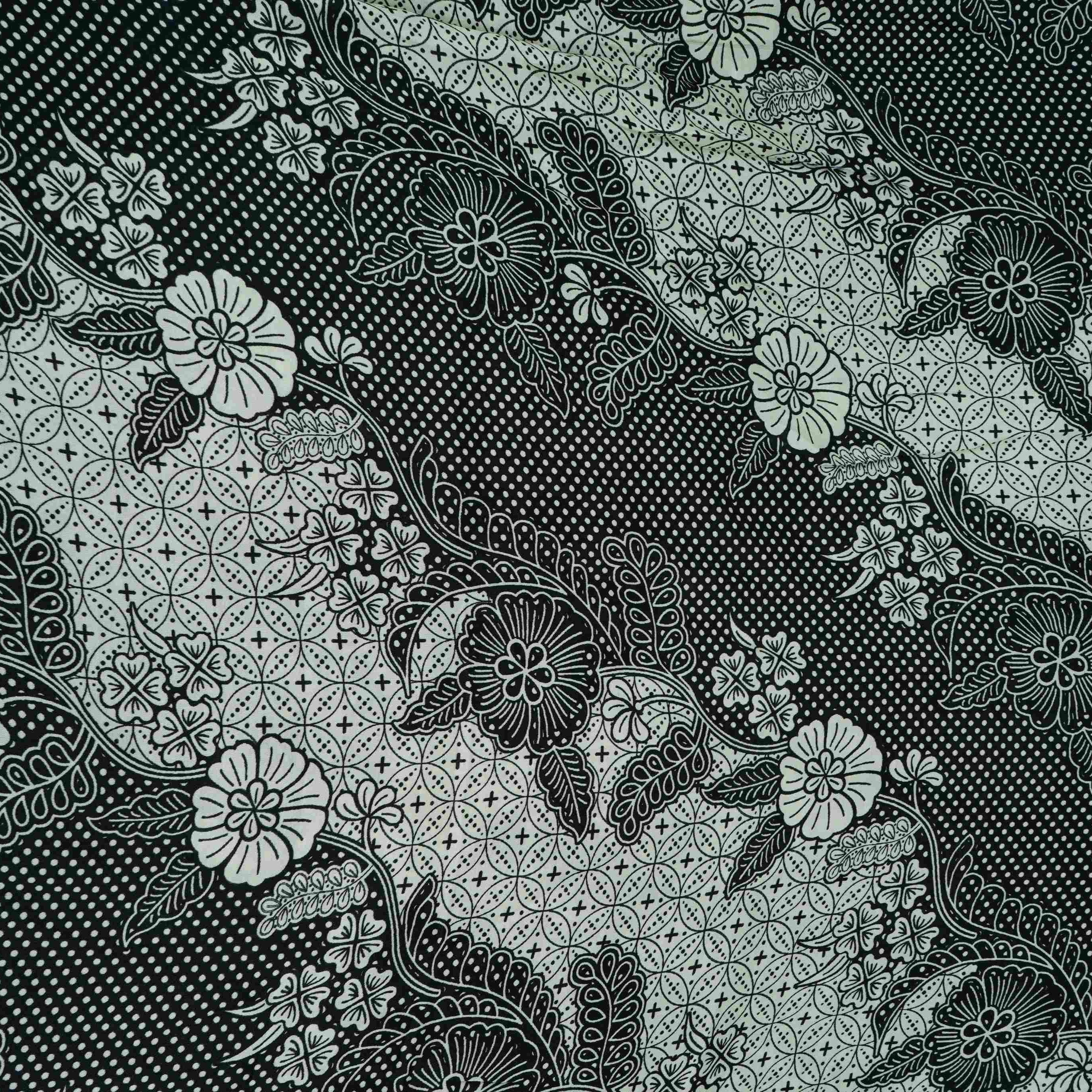 Black with White floral print Modal Satin Fabric VP-31994