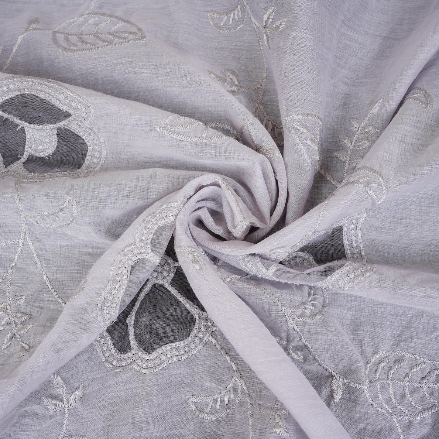 Light Grey Floral Embroidery Mul Chanderi Fabric DC-30518