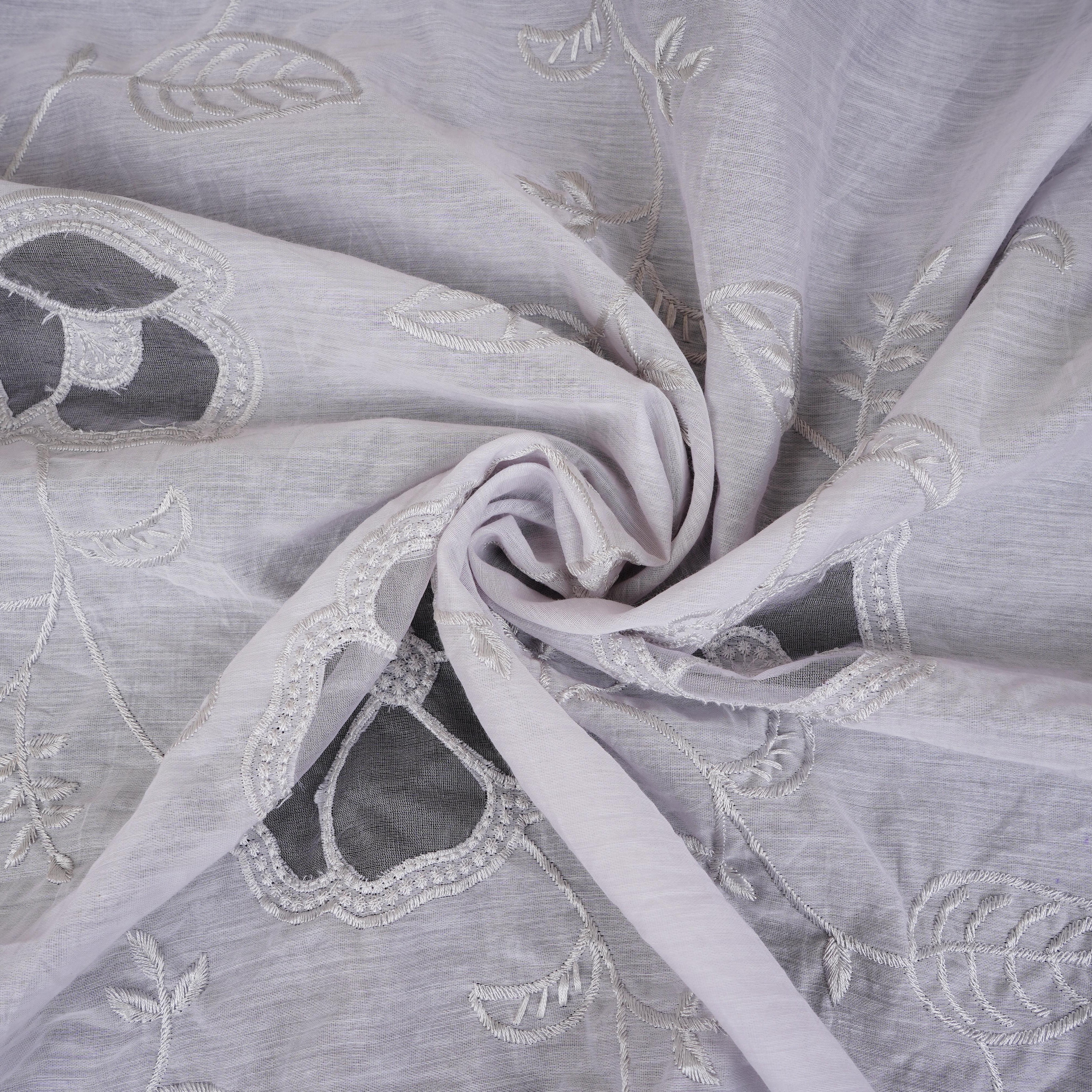 Light Grey Floral Embroidery Mul Chanderi Fabric DC-30518 - TradeUNO