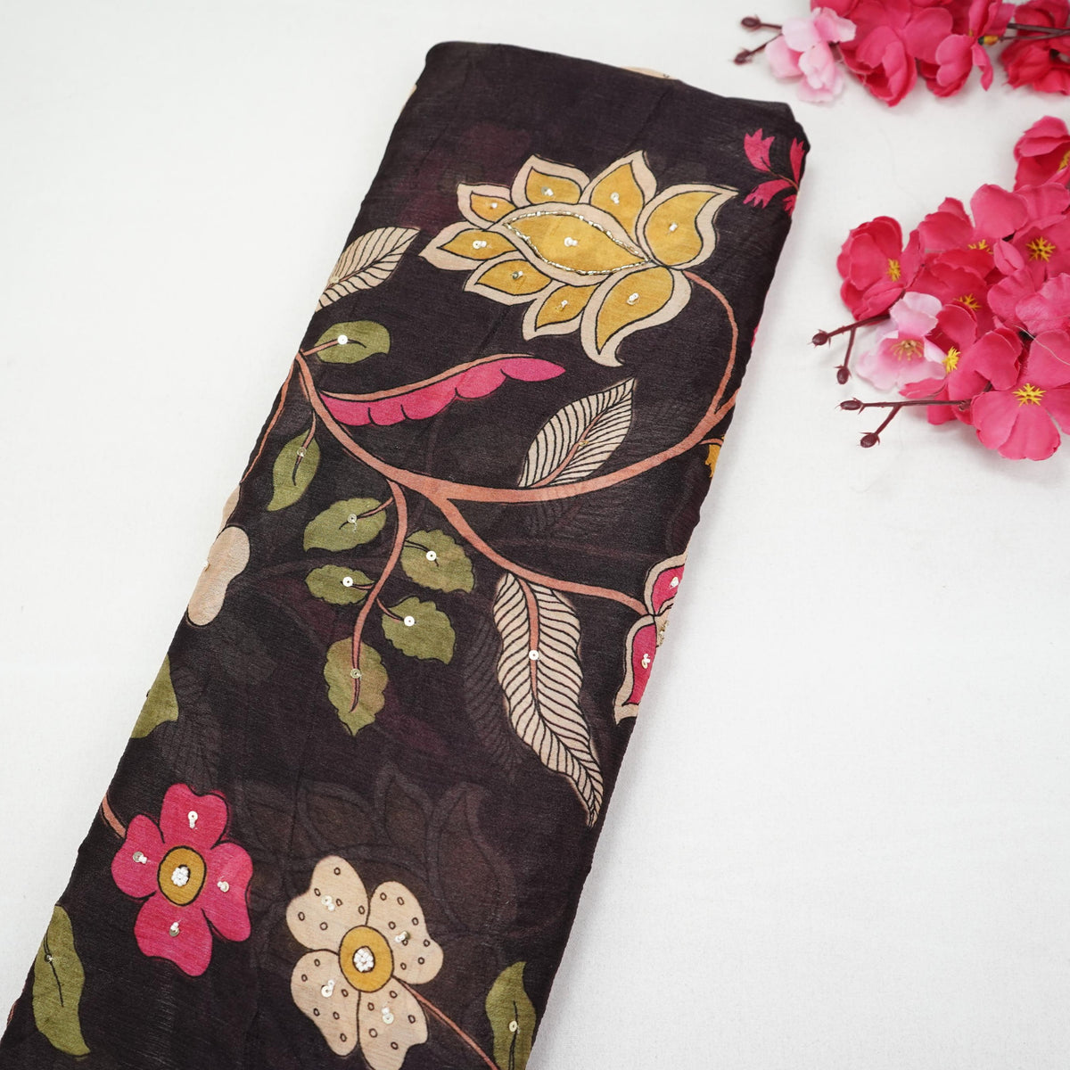 Black Floral Beads Work Chinnon Fabric VVF-35358