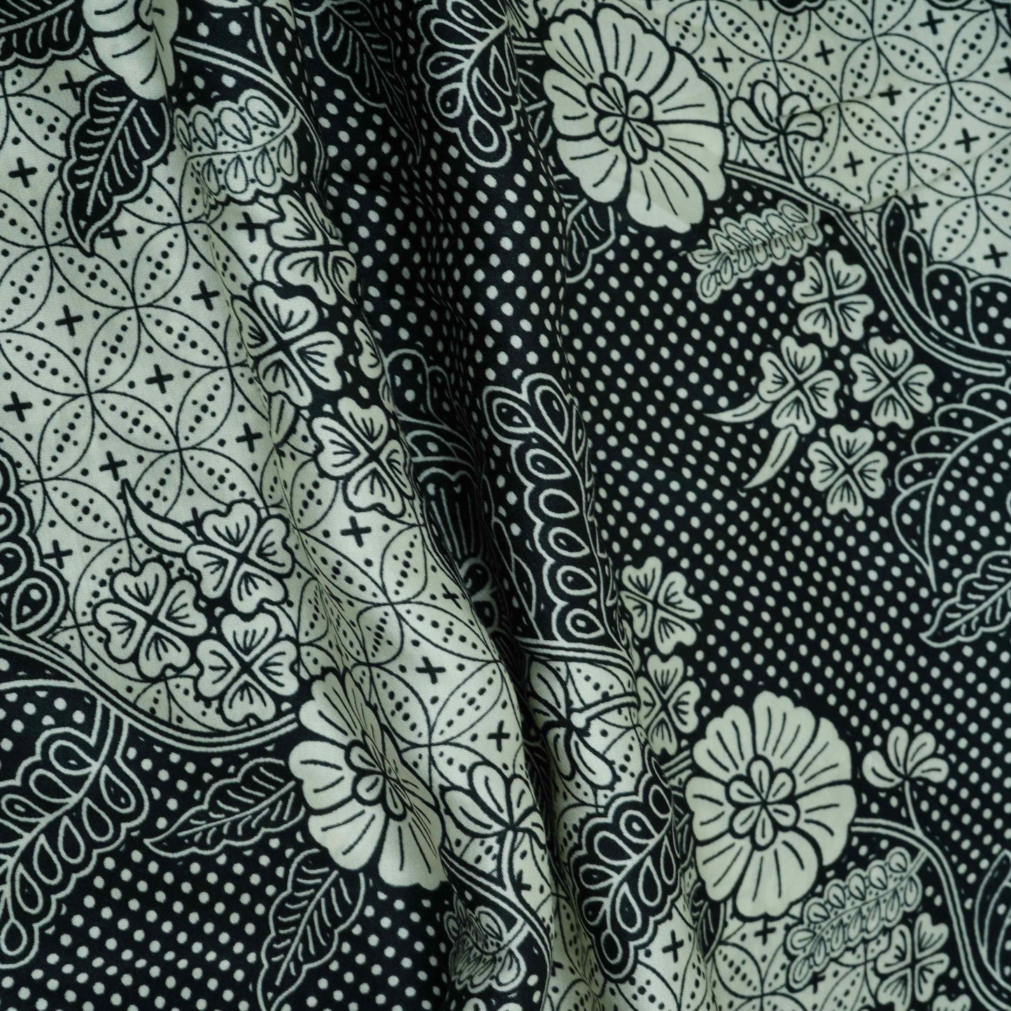 Black with White floral print Modal Satin Fabric VP-31994