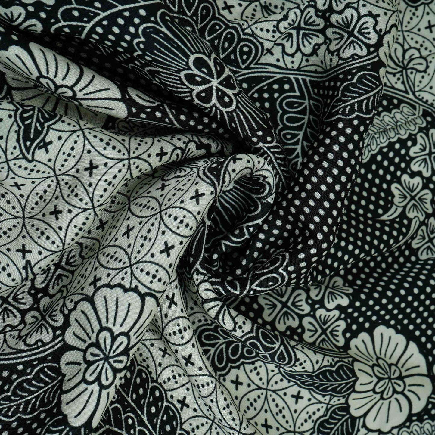 Black with White floral print Modal Satin Fabric VP-31994