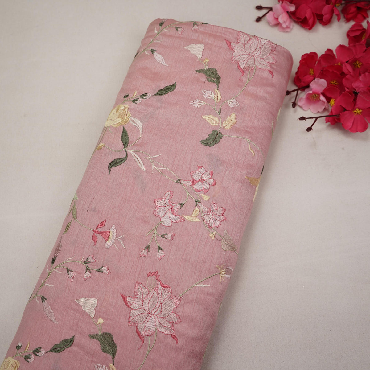 Pastel Pink Floral Print Cotton Silk Fabric GPF-35430