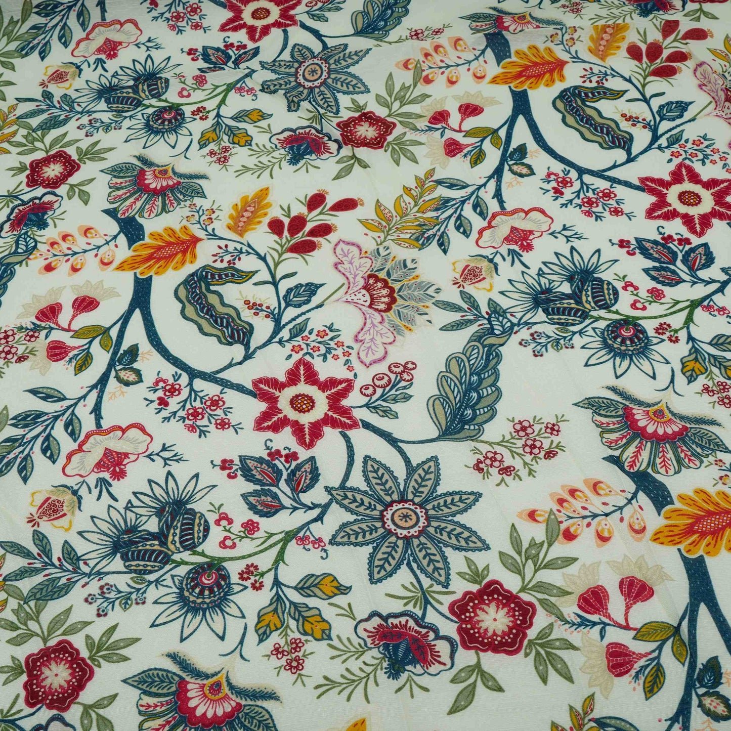 Off White Multicolor Floral Print Linen Fabric GTS-32025