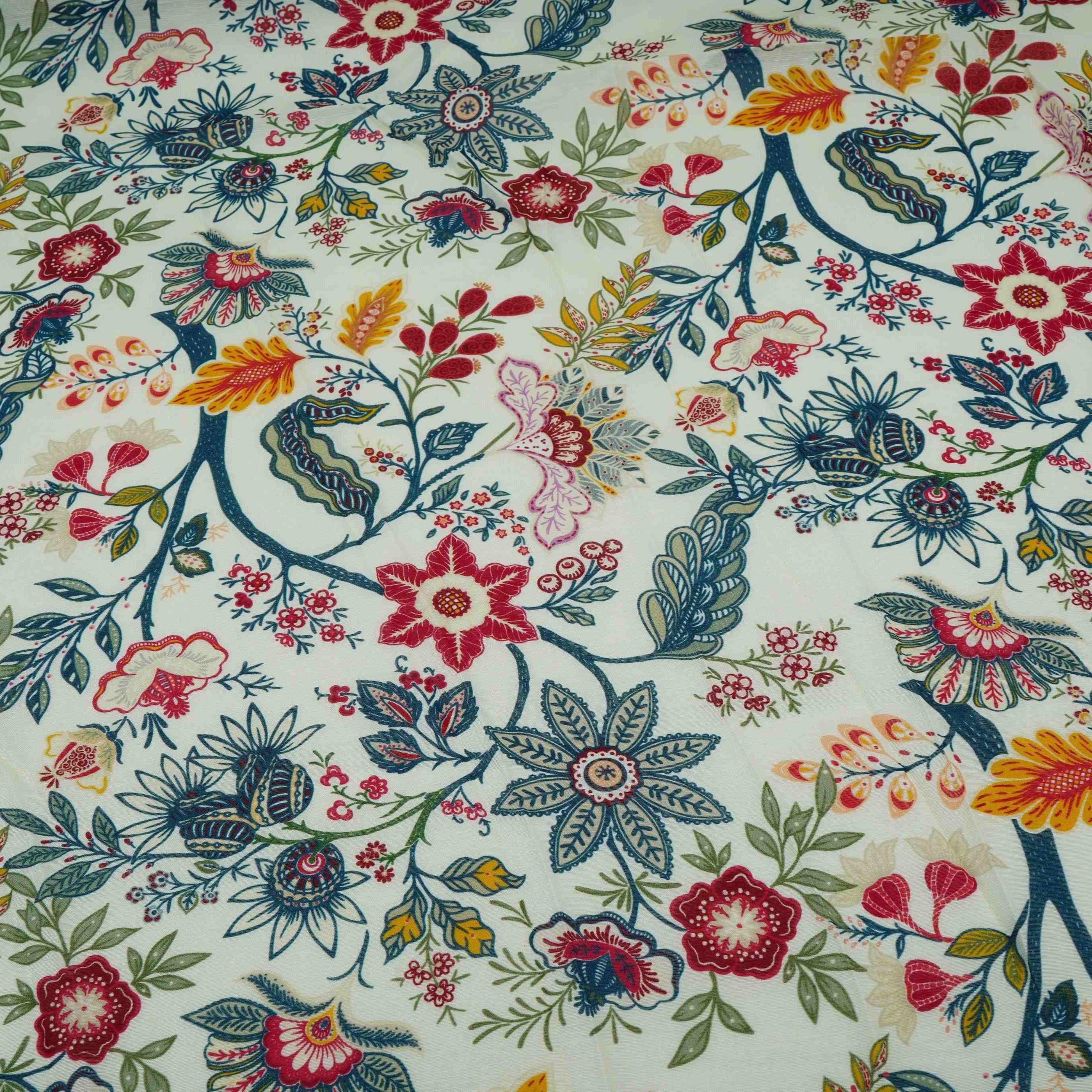 Off White Multicolor Floral Print Linen Fabric GTS-32025