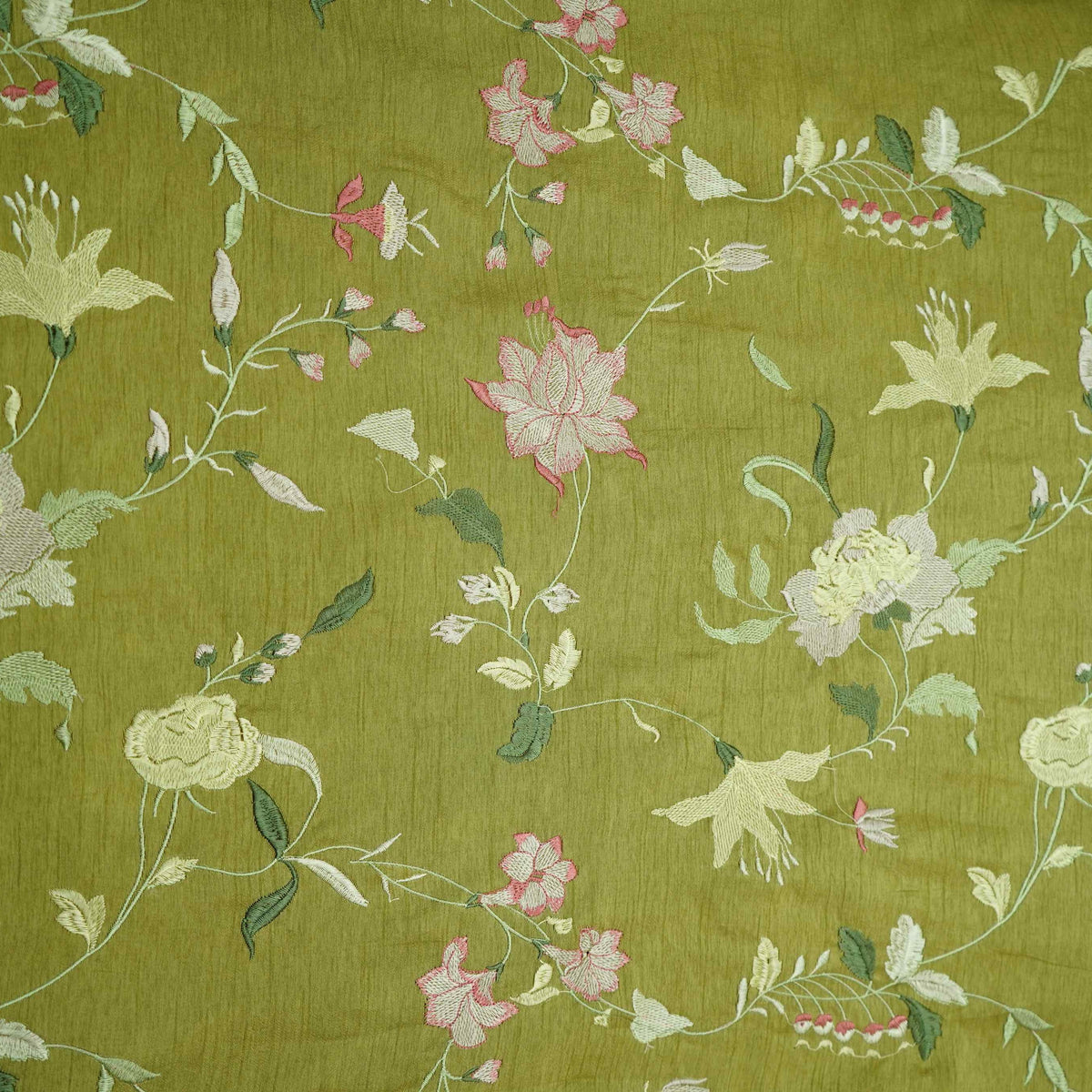 Olive Green Floral Print Cotton Silk Fabric GPF-35431