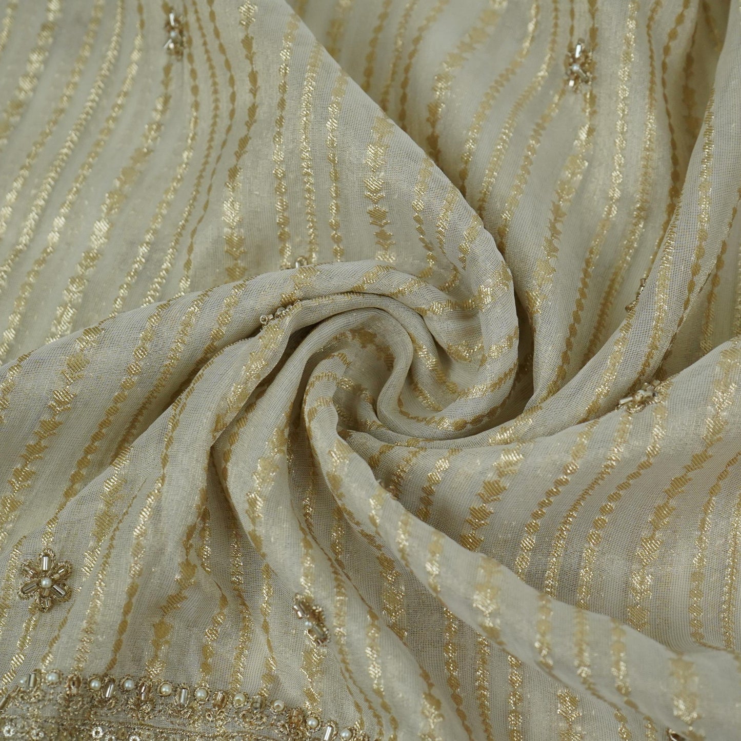 Golden Stripes Jacquard cutdana embroidery Georgette Silk Tissue Fabric TF-32079