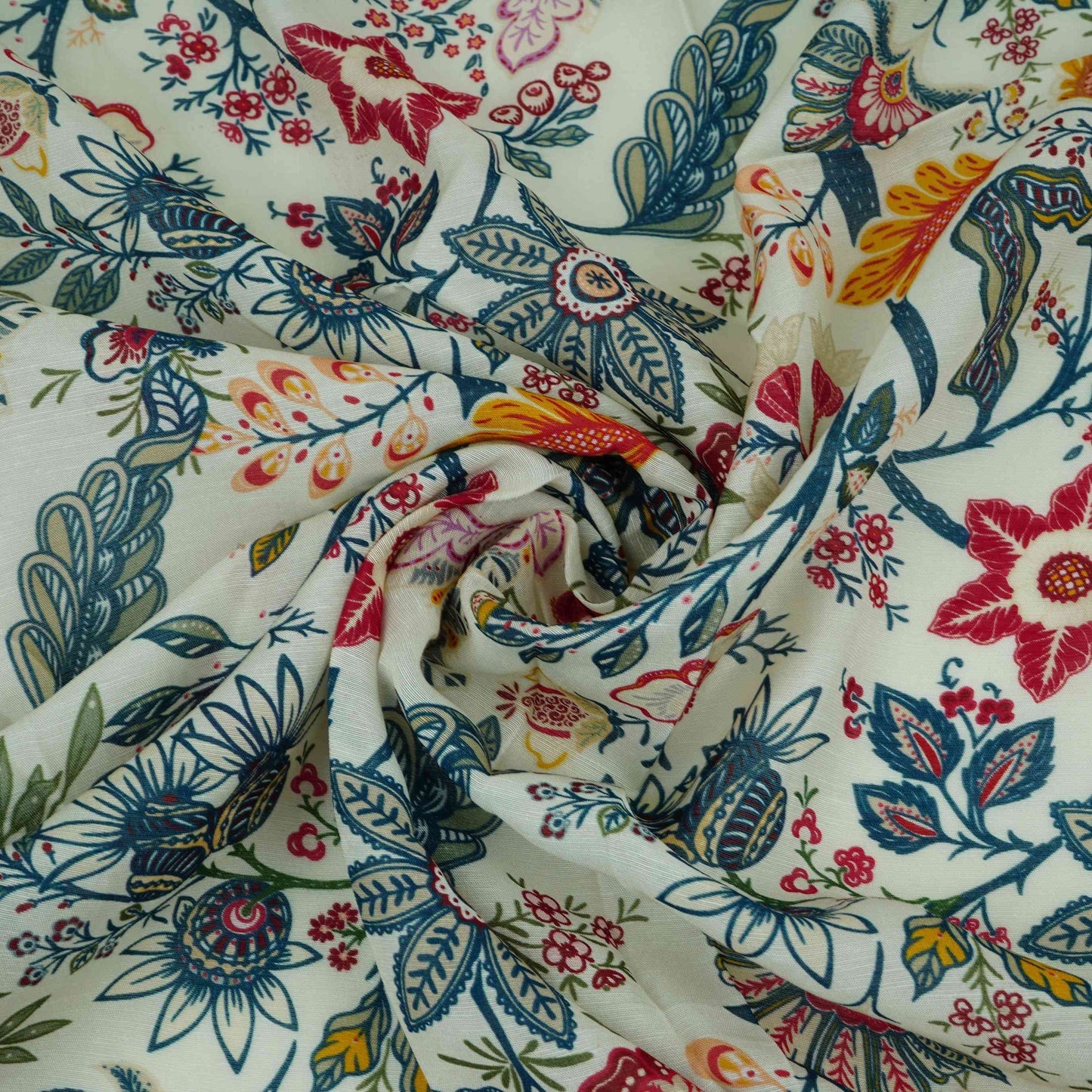 Off White Multicolor Floral Print Linen Fabric GTS-32025