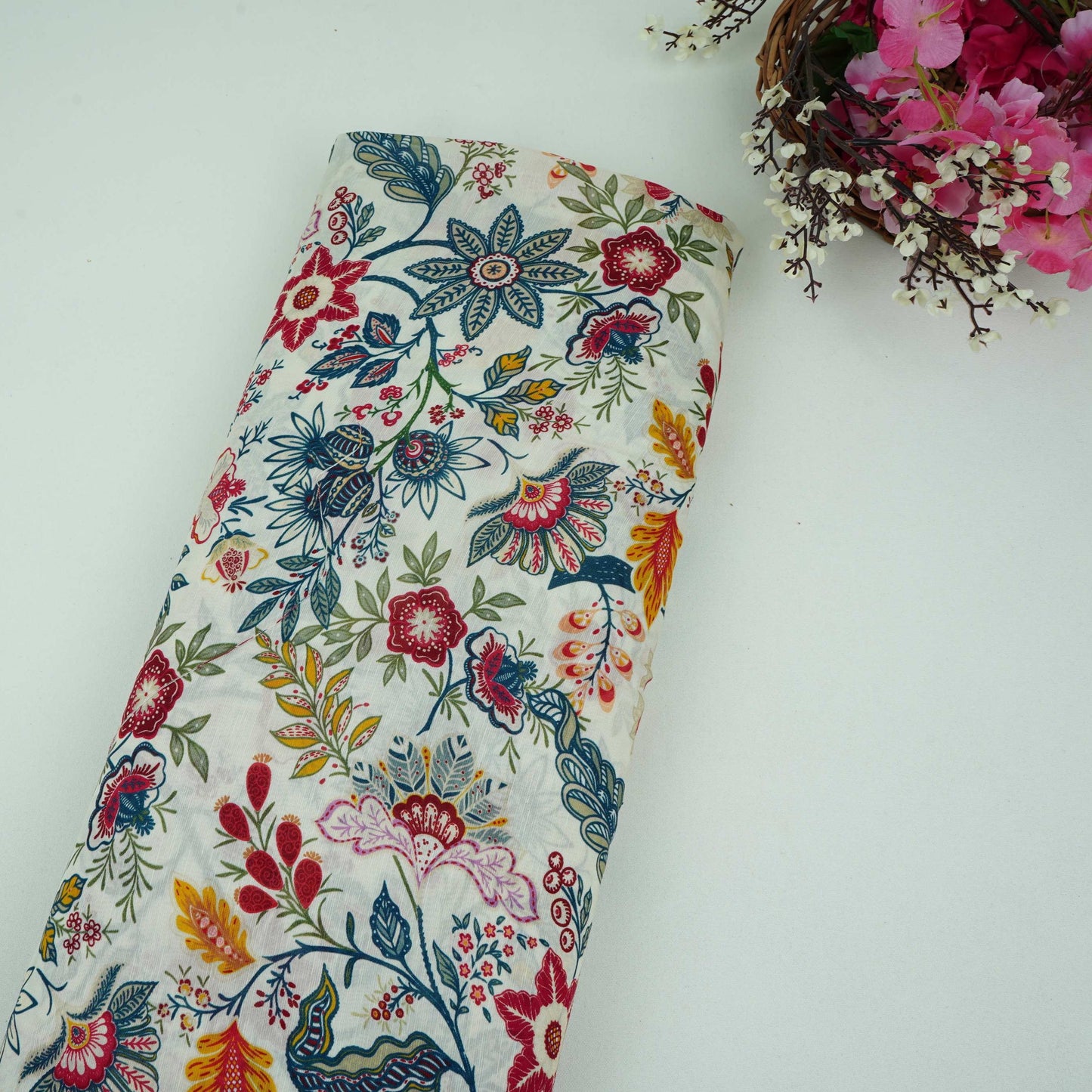 Off White Multicolor Floral Print Linen Fabric GTS-32025