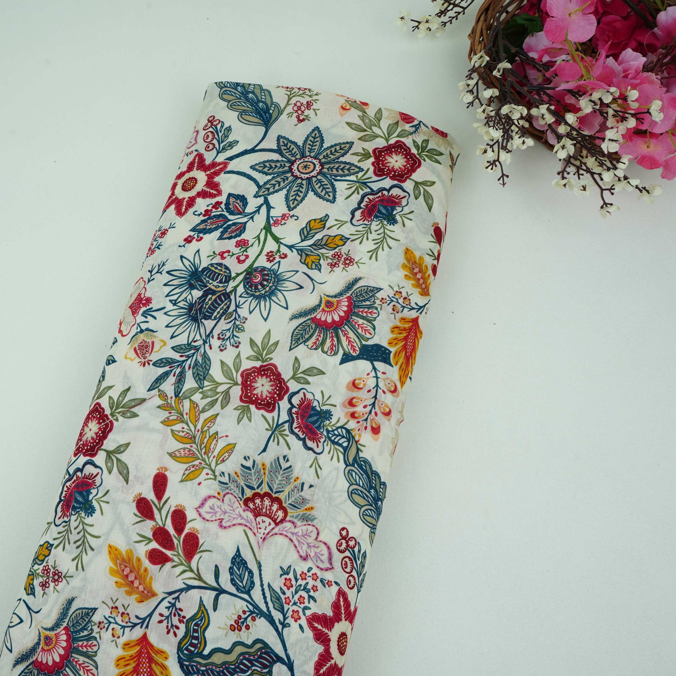 Off White Multicolor Floral Print Linen Fabric GTS-32025