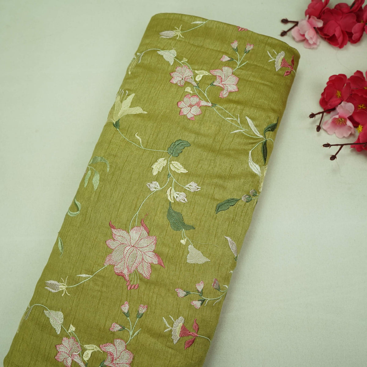 Olive Green Floral Print Cotton Silk Fabric GPF-35431