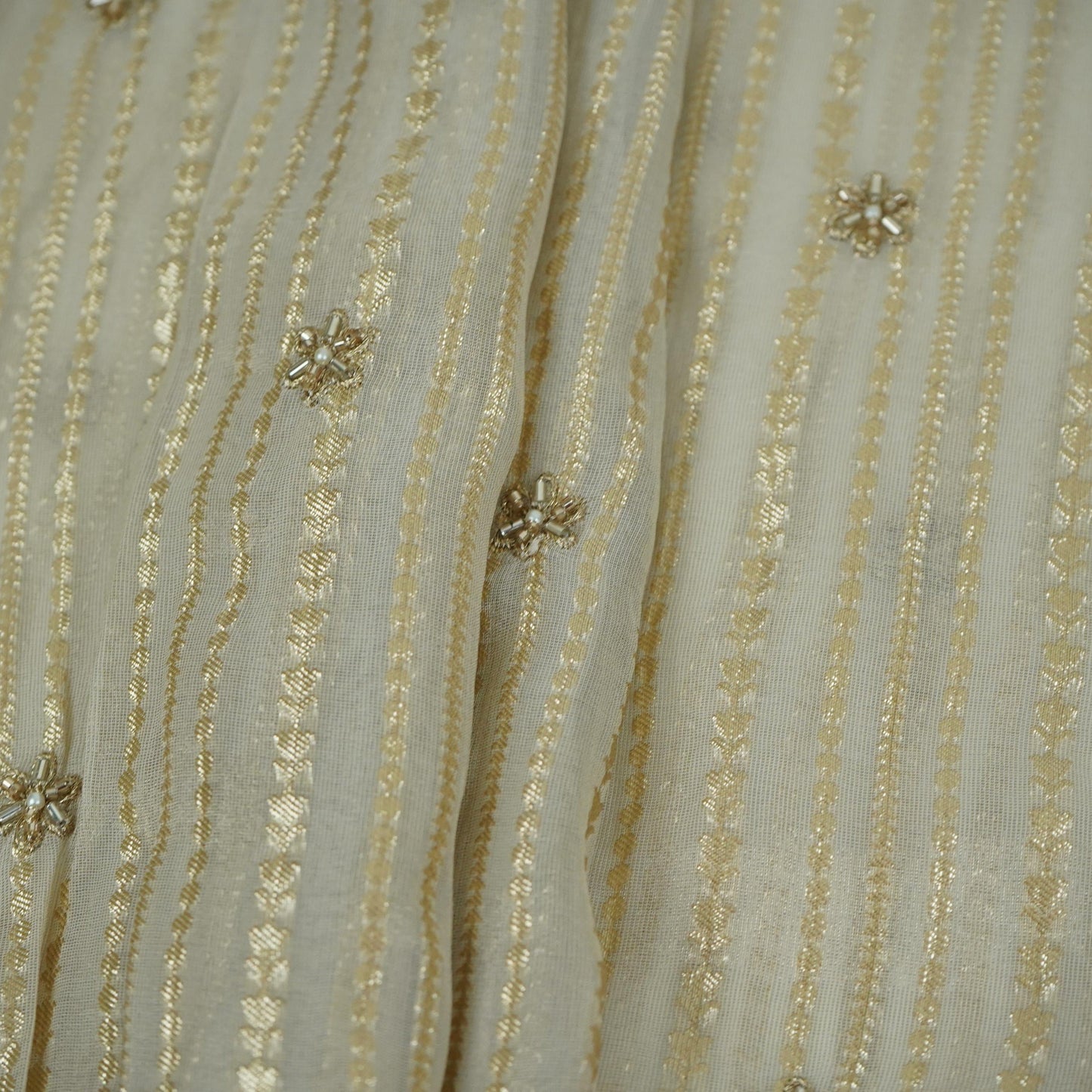 Golden Stripes Jacquard cutdana embroidery Georgette Silk Tissue Fabric TF-32079
