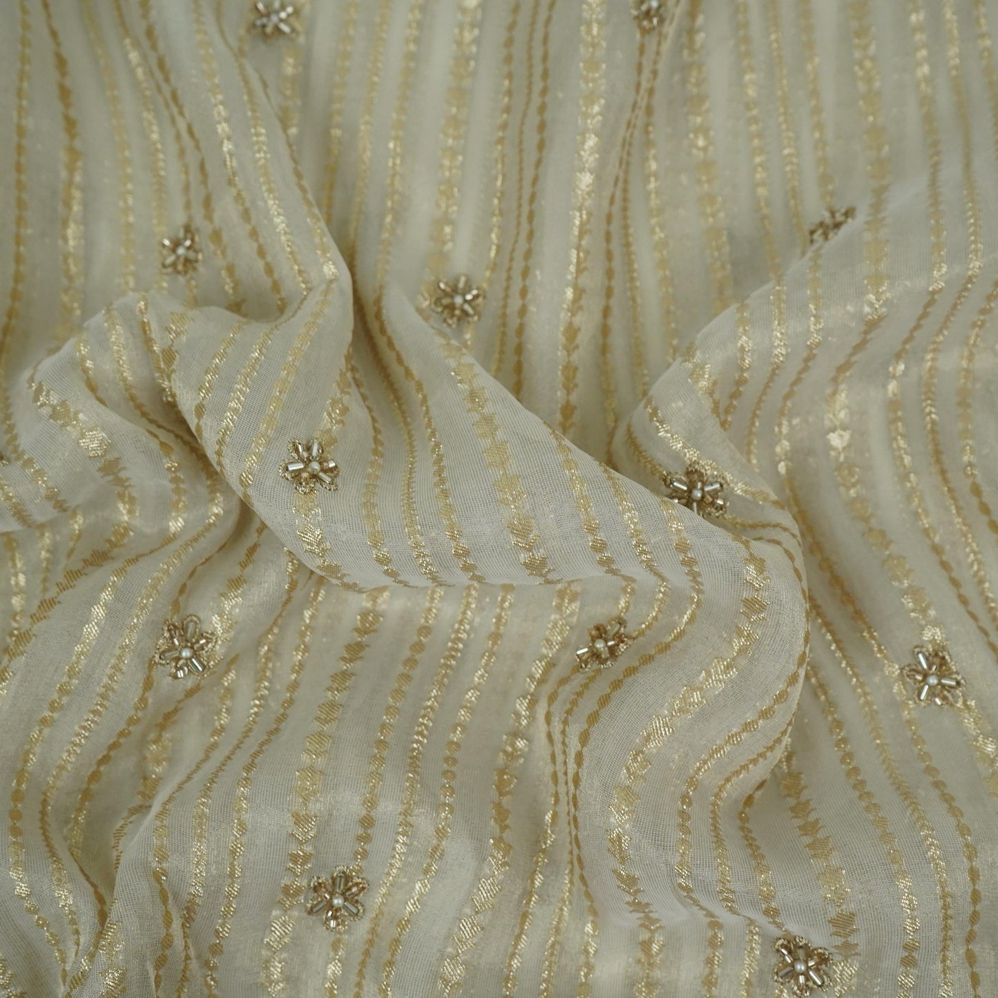 Golden Stripes Jacquard cutdana embroidery Georgette Silk Tissue Fabric TF-32079