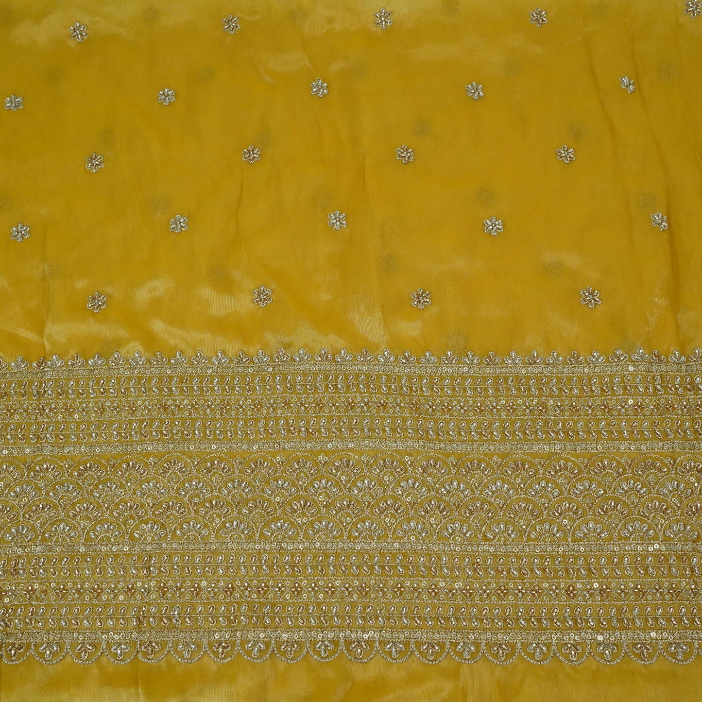 Mustard Yellow Border cutdana embroidery Kanjivaram Silk Fabric TF-32082