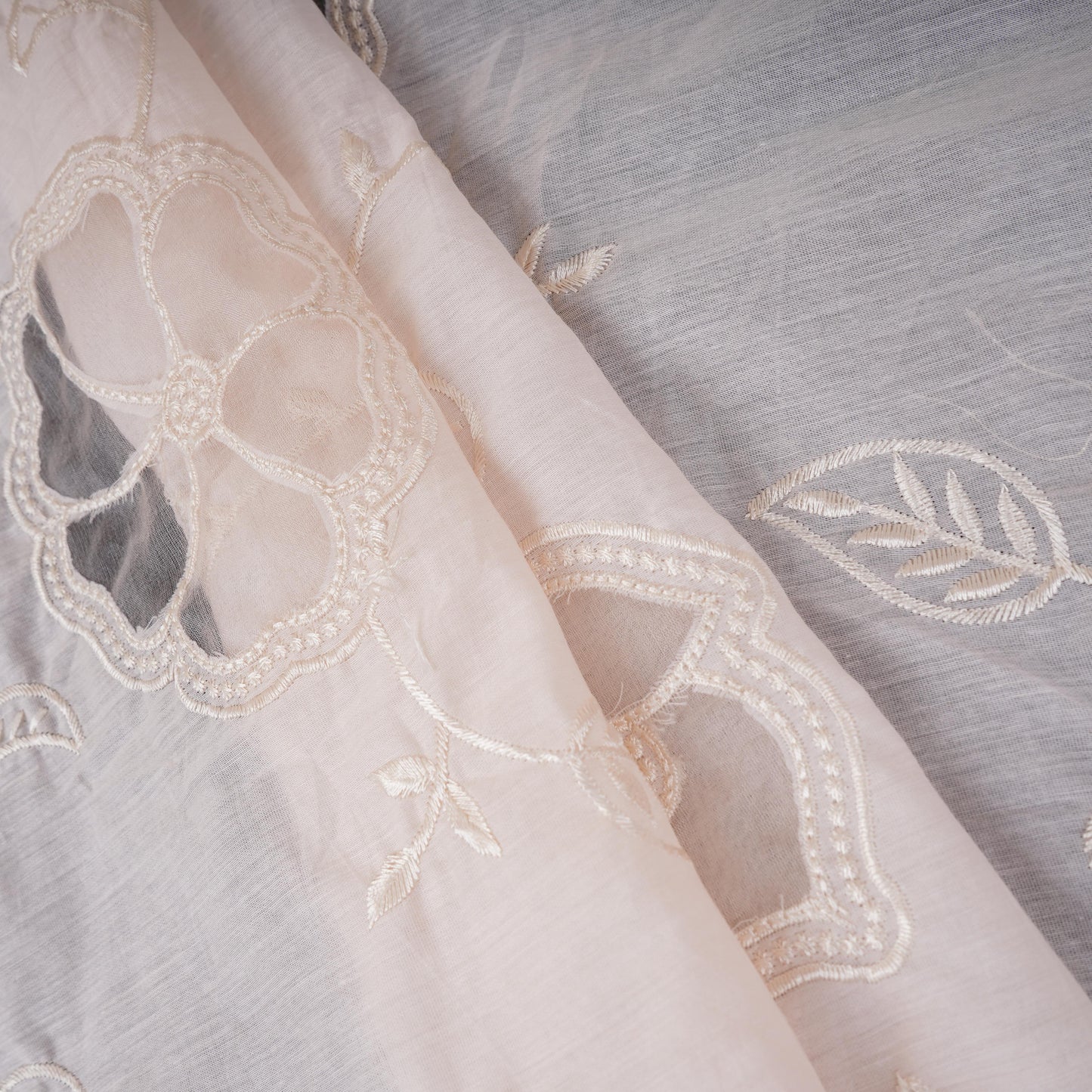 Cream Floral Embroidery Mul Chanderi Fabric DC-30519