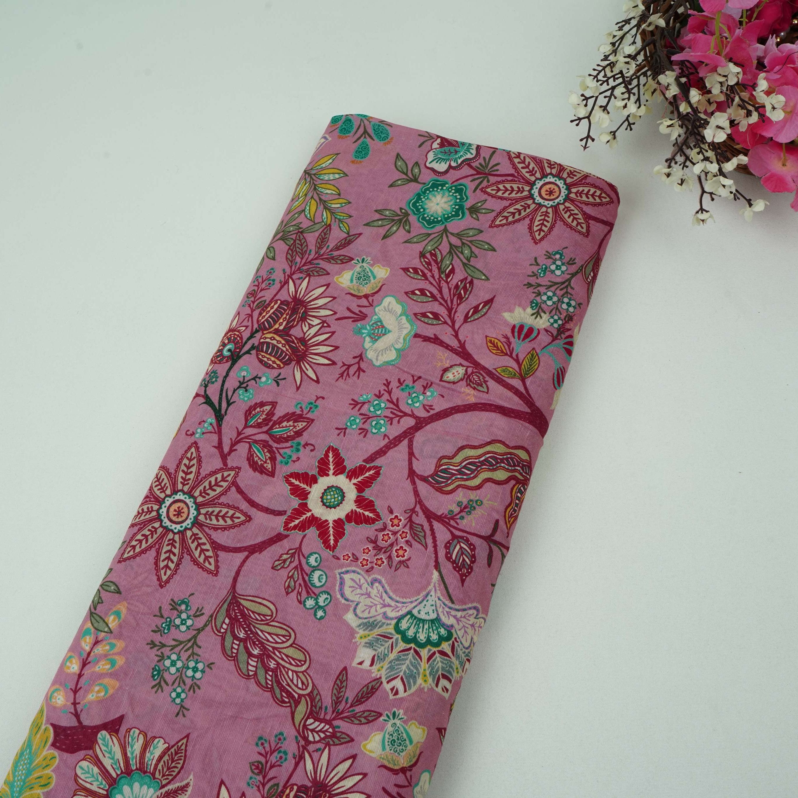 Light Pink Multicolor Floral Print Linen Fabric GTS-32027
