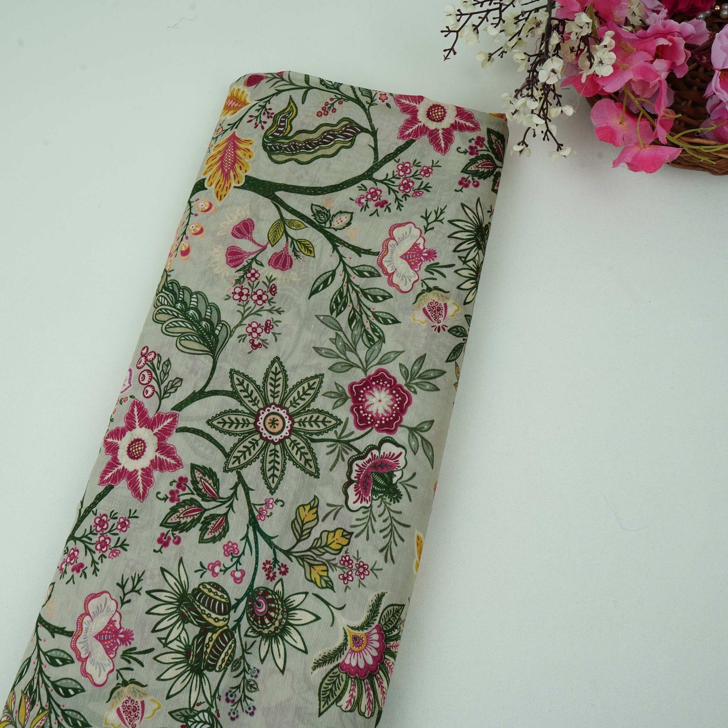 Pista Green Multicolor Floral Print Linen Fabric GTS-32026