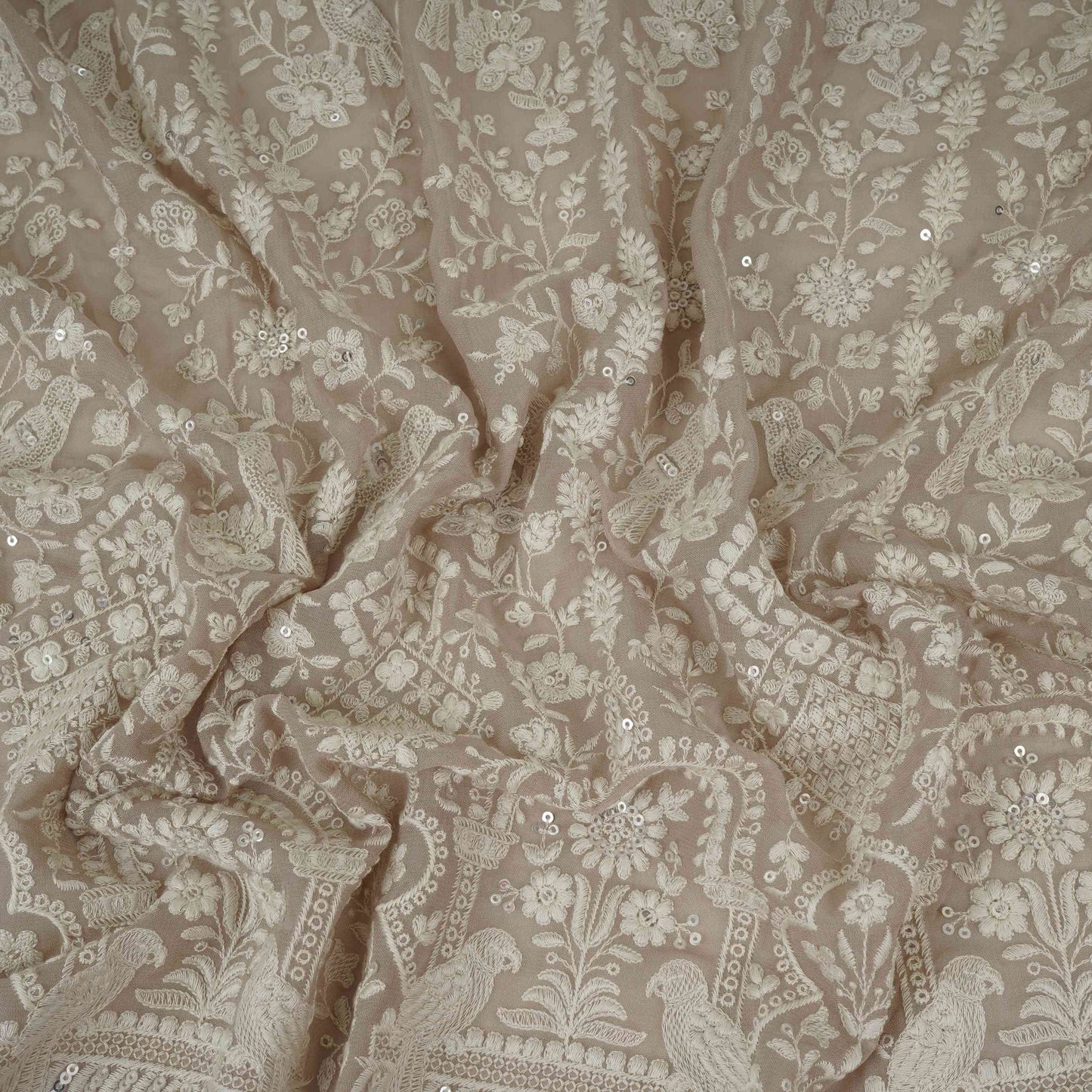 Dark Peach Parsi Gara Embroidery Georgette Fabric DR-32379