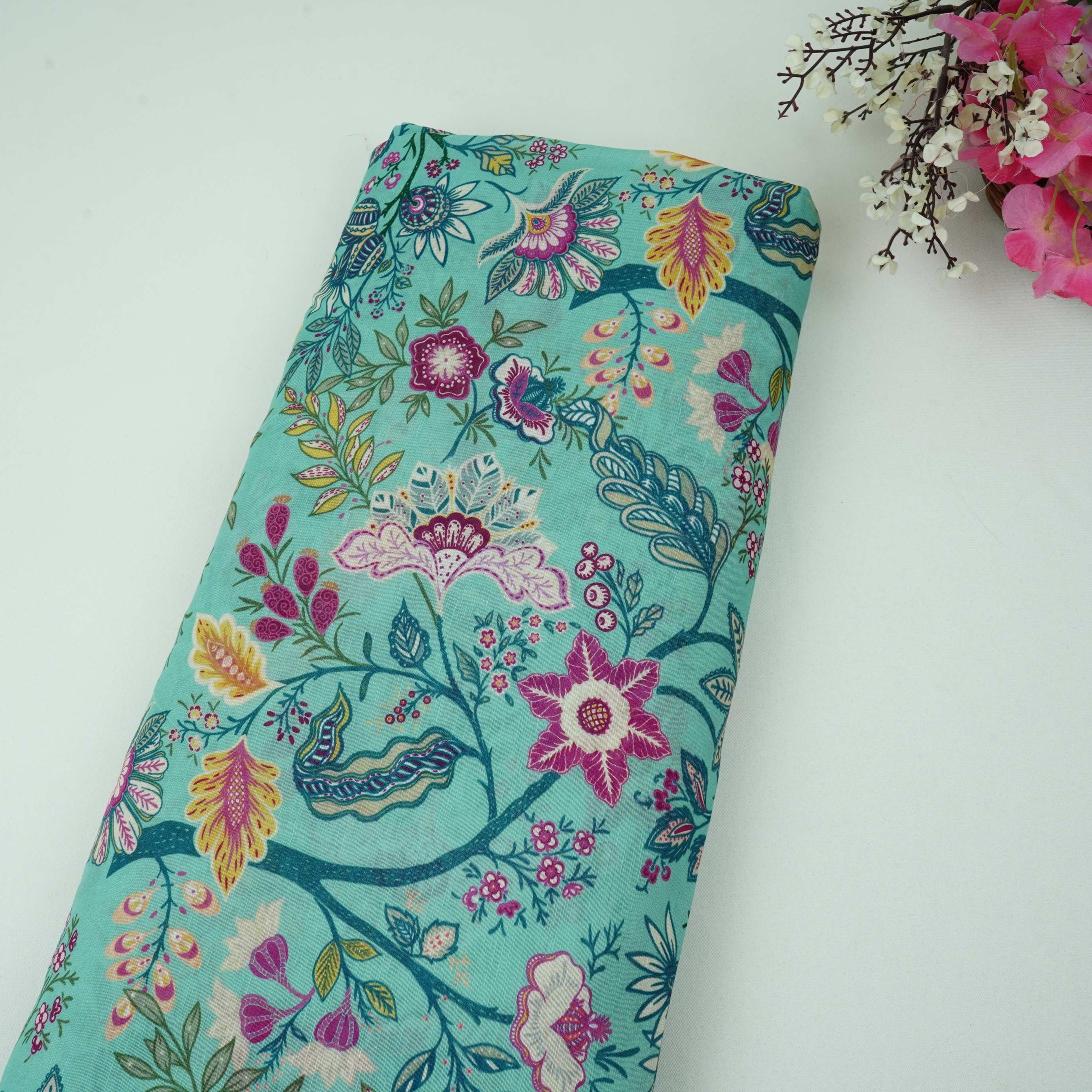 Sky Blue Multicolor Floral Print Linen Fabric GTS-32029