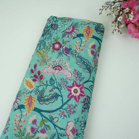 Sky Blue Multicolor Floral Print Linen Fabric GTS-32029