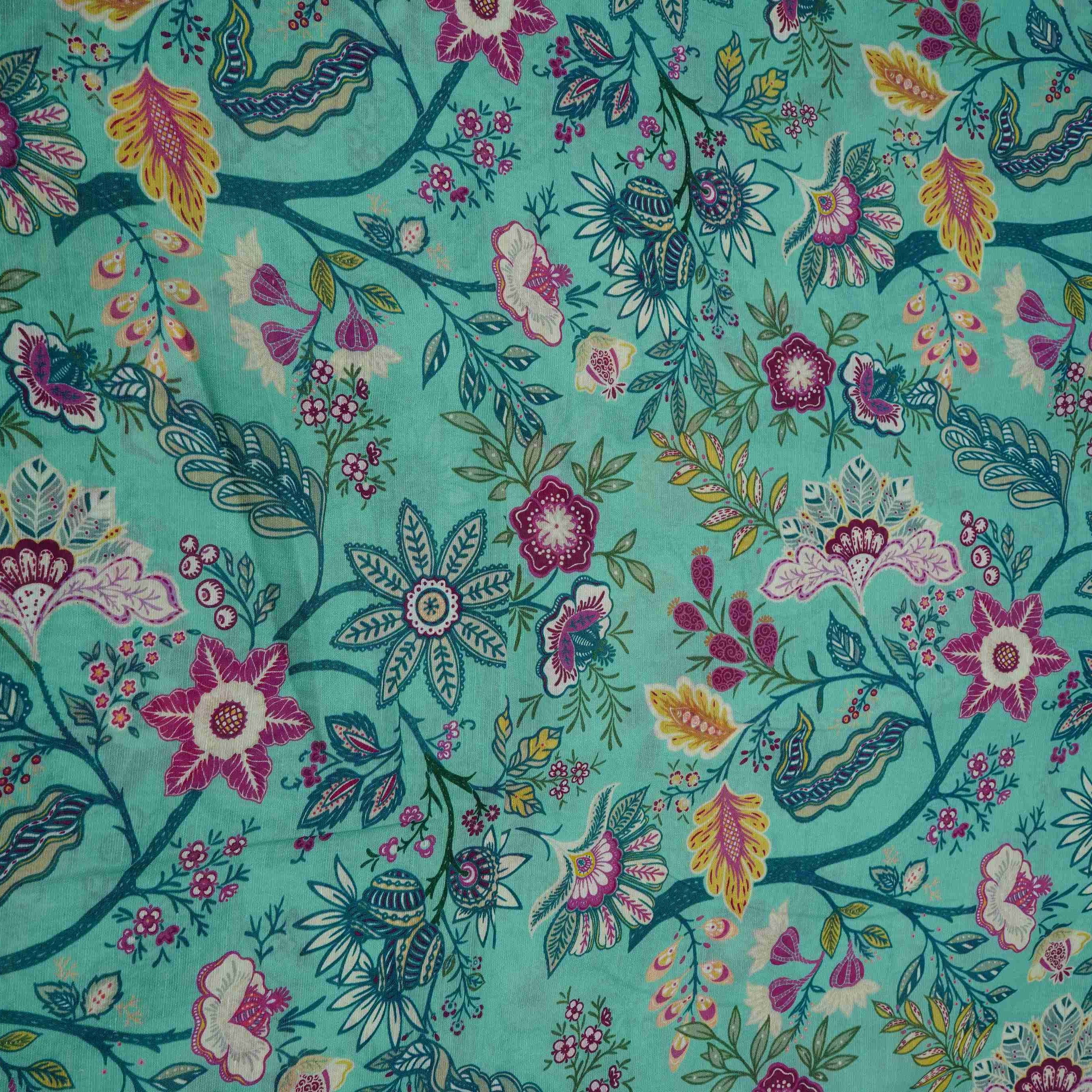 Sky Blue Multicolor Floral Print Linen Fabric GTS-32029