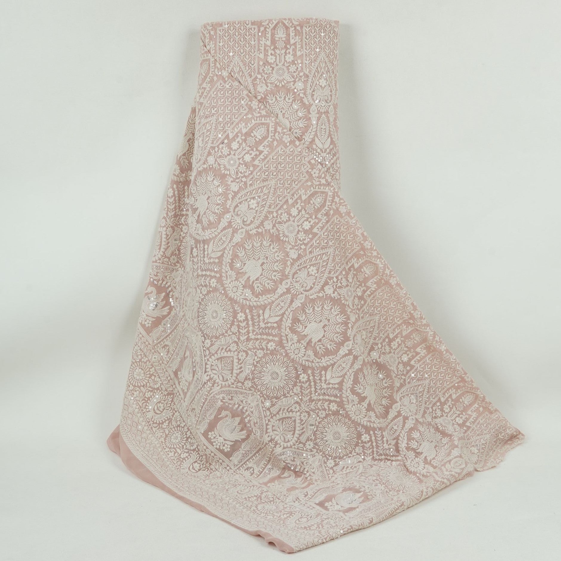 Peach Parsi Gara Embroidery Georgette Fabric DR-32378 - TradeUNO