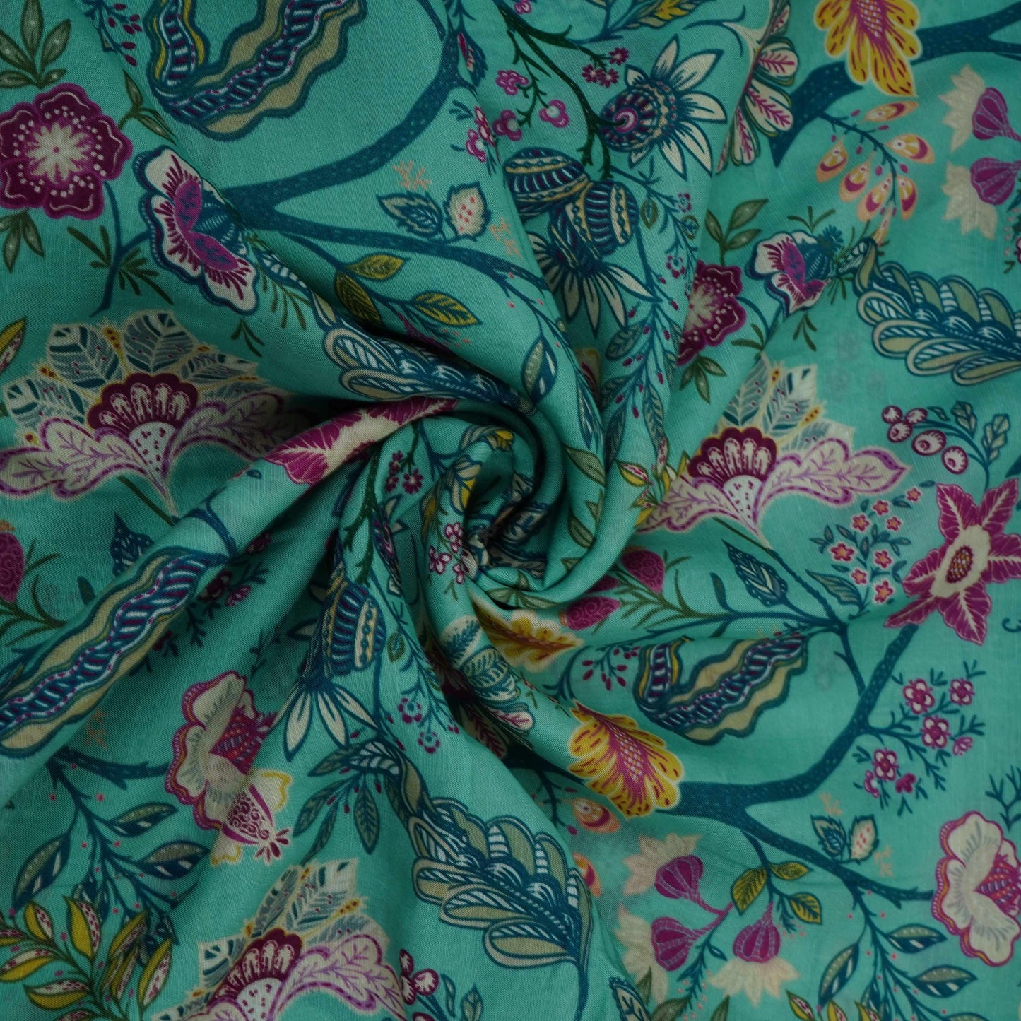 Sky Blue Multicolor Floral Print Linen Fabric GTS-32029