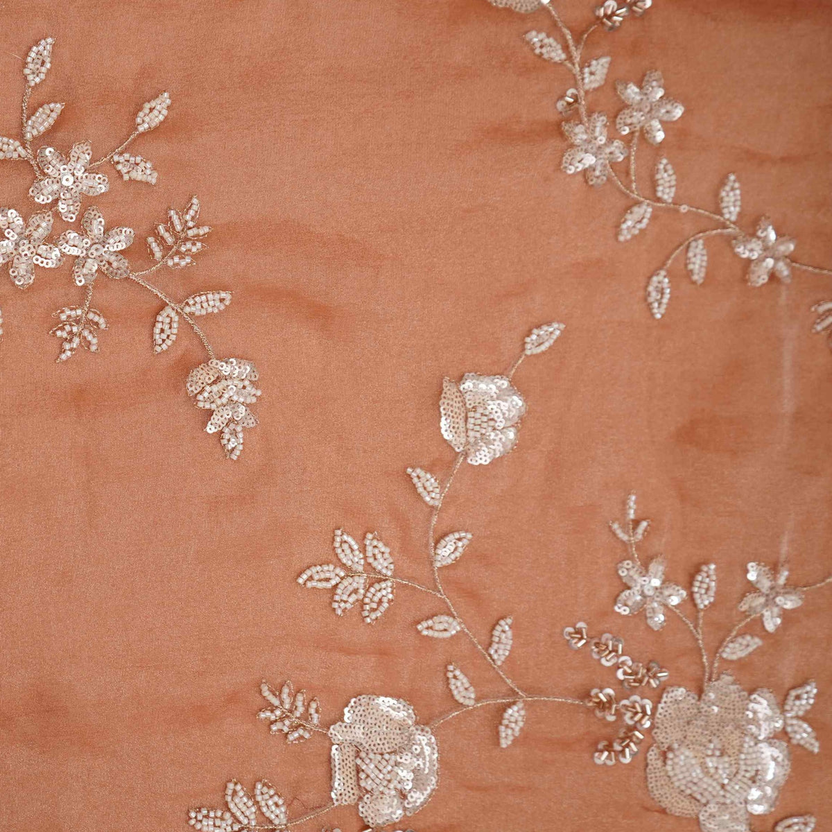 Peach Floral Cutdana Embroidery Fendi Tissue Fabric GT-35273