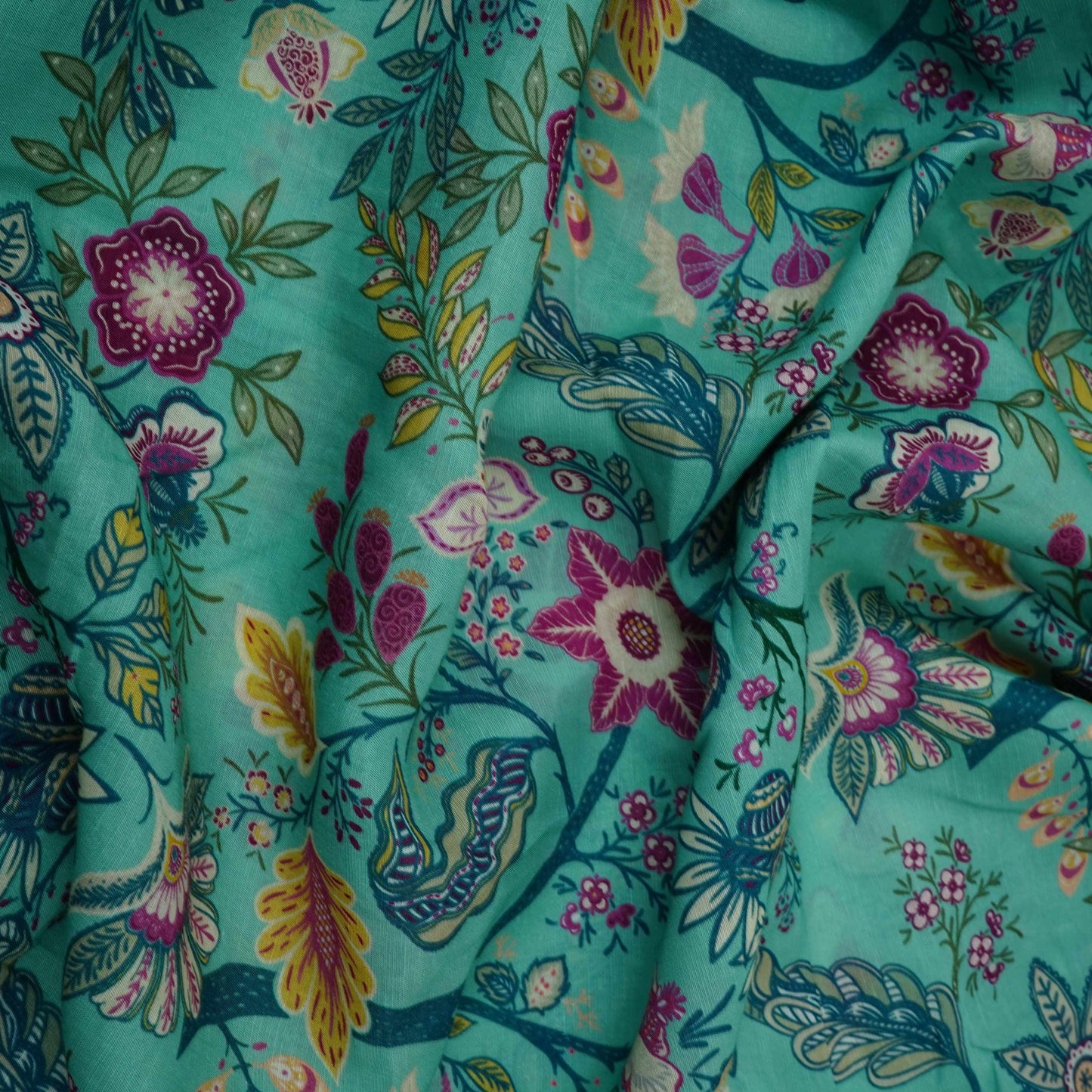 Sky Blue Multicolor Floral Print Linen Fabric GTS-32029