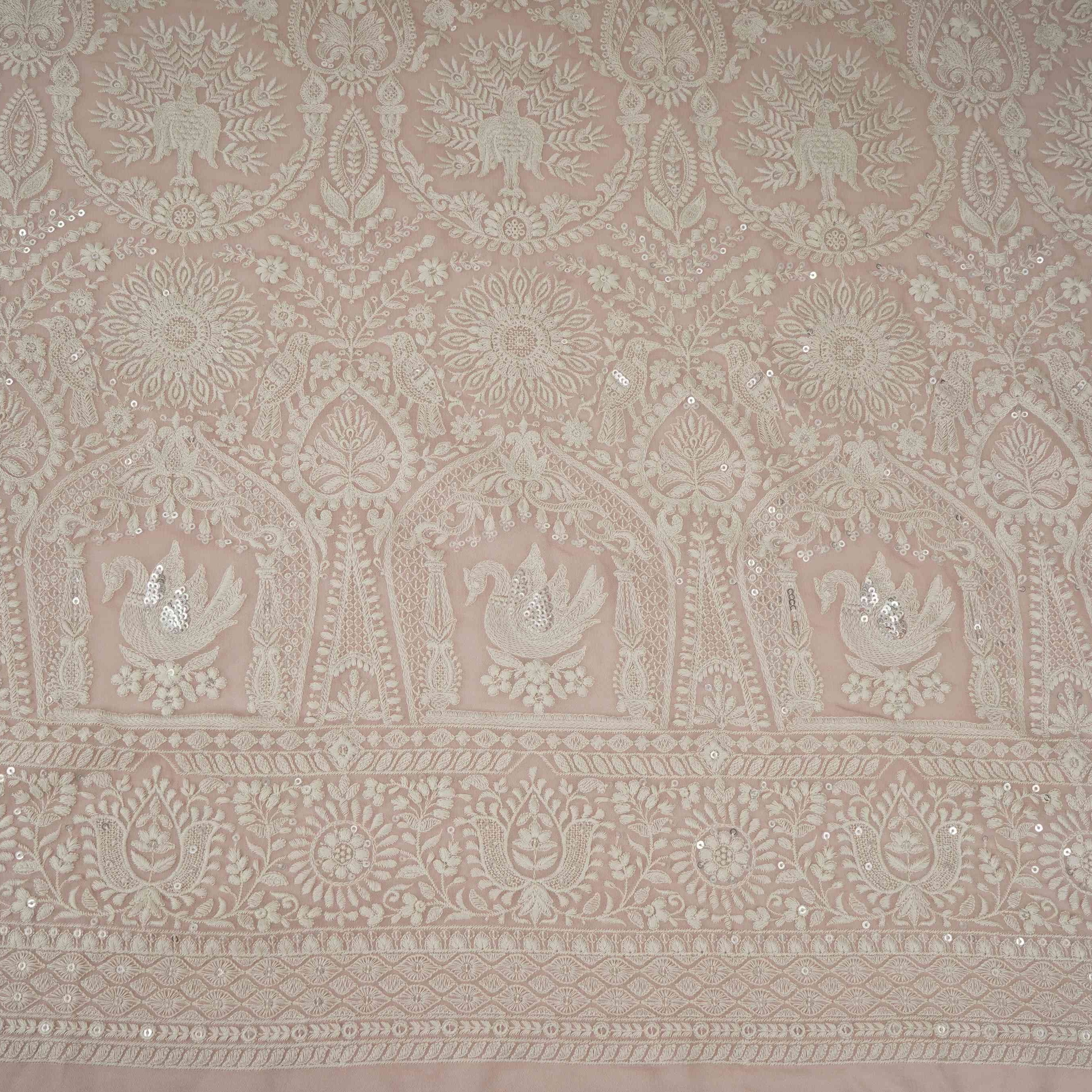 Peach Parsi Gara Embroidery Georgette Fabric DR-32378 - TradeUNO