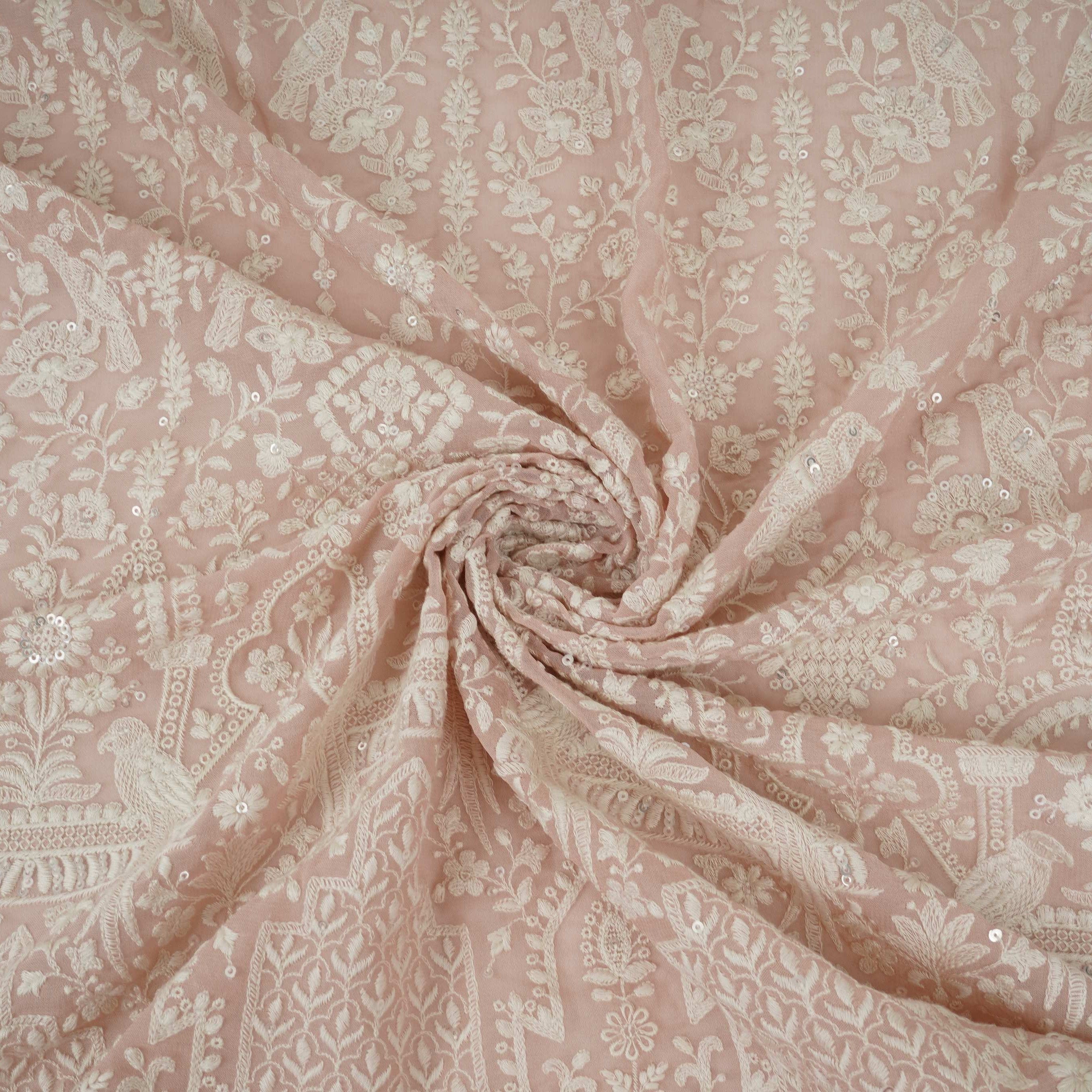 Peach Parsi Gara Embroidery Georgette Fabric DR-32378 - TradeUNO