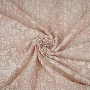 Peach Parsi Gara Embroidery Georgette Fabric DR-32378 - TradeUNO
